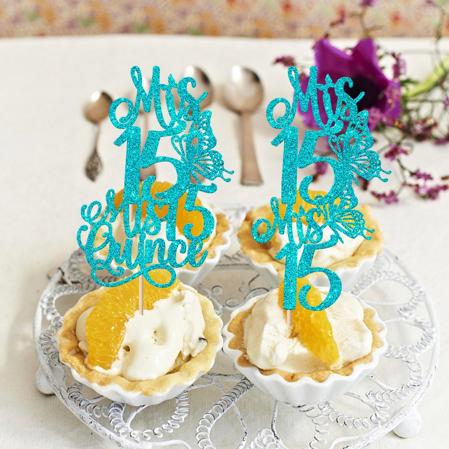 Rssta i Cupcake Toppers 24 Pack Glitter Picks for 15th Birthday Party Decorations - Blue Design