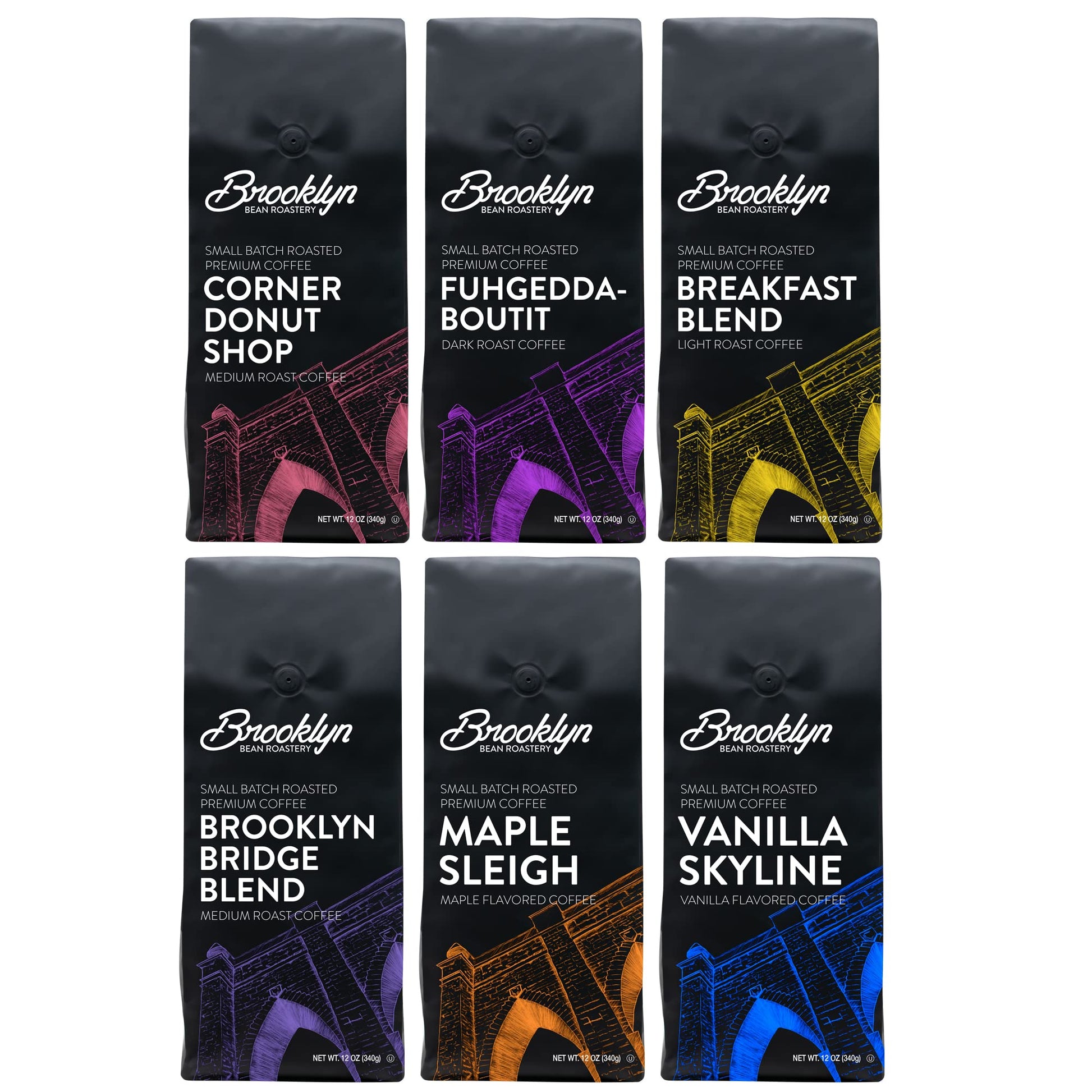 Brooklyn Beans Bagged Ground Coffee Variety Pack Light Medium Dark Roast And Flavored Assorted Gift Sampler 12 Oz Pack , 72 Ounc