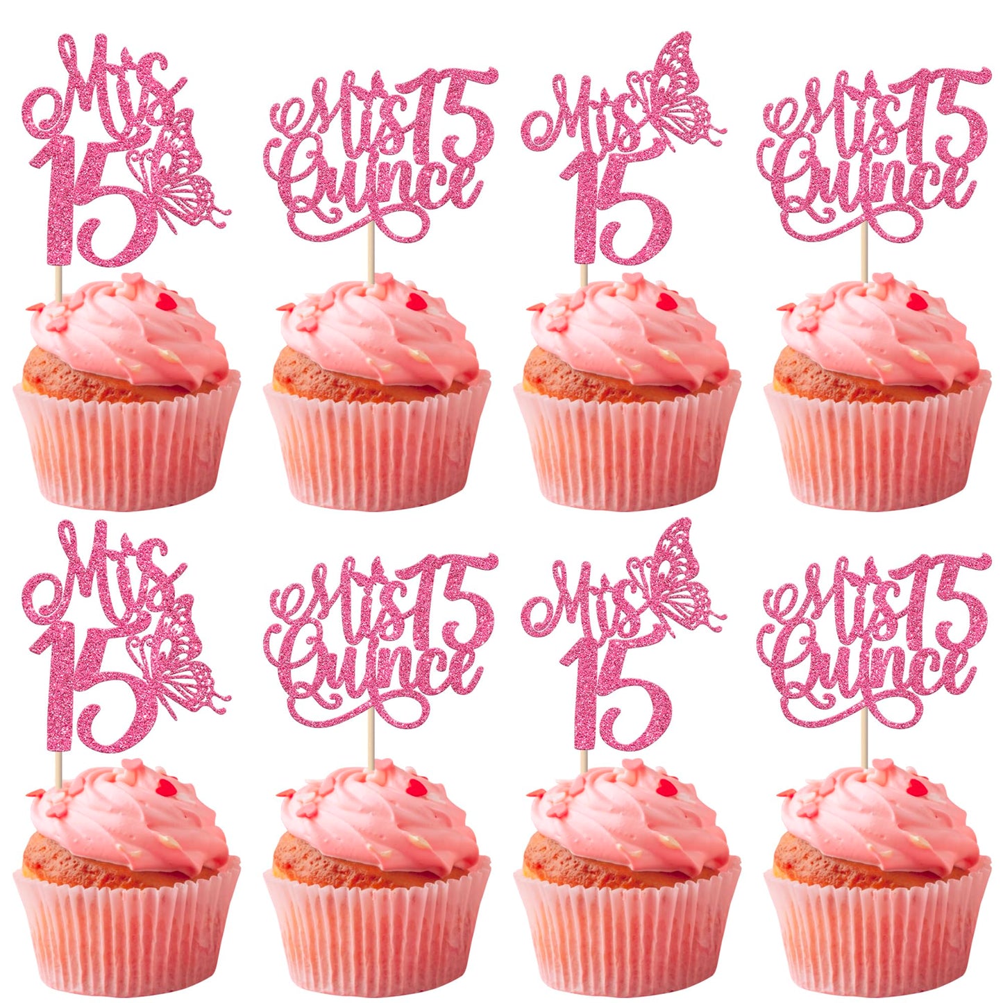 Rsstarxi Cupcake Toppers 24 Pack, Deep Pink, Mis Quince 15 Años Birthday Decorations