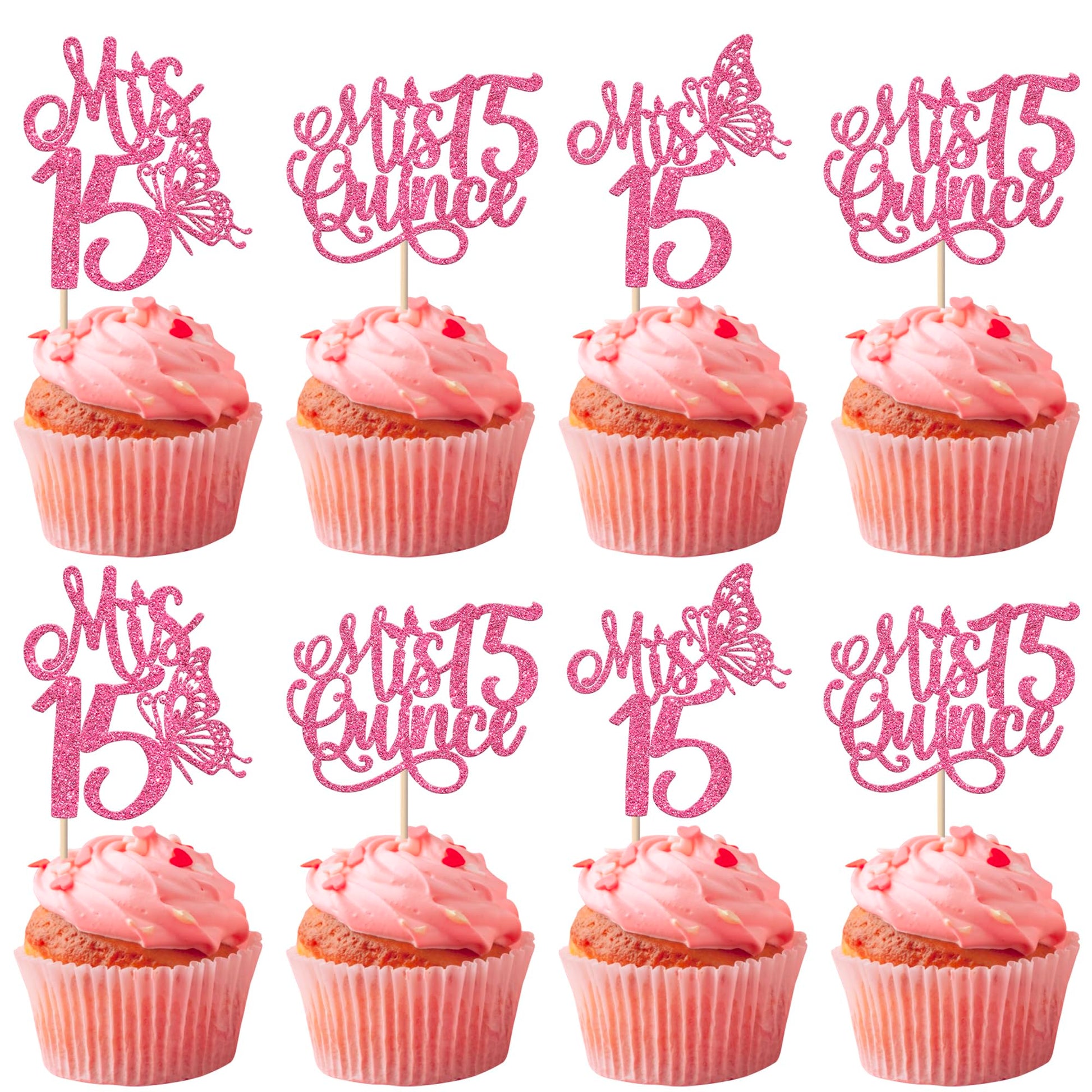 Rsstarxi Cupcake Toppers 24 Pack, Deep Pink, Mis Quince 15 Años Birthday Decorations