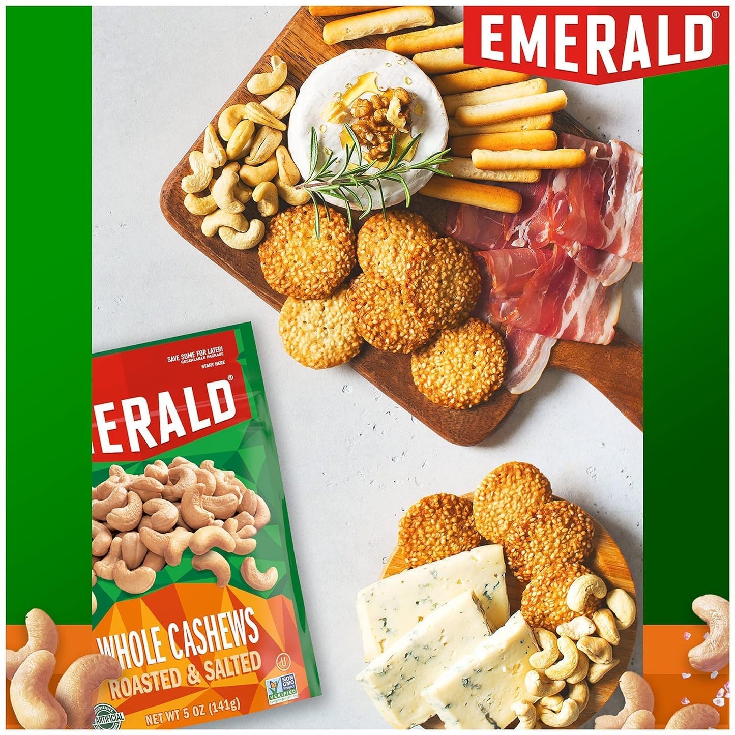 Emerald Nuts, Whole Cashews Roasted & Salted, 5 Oz Resealable Bag (Pack Of 3)
