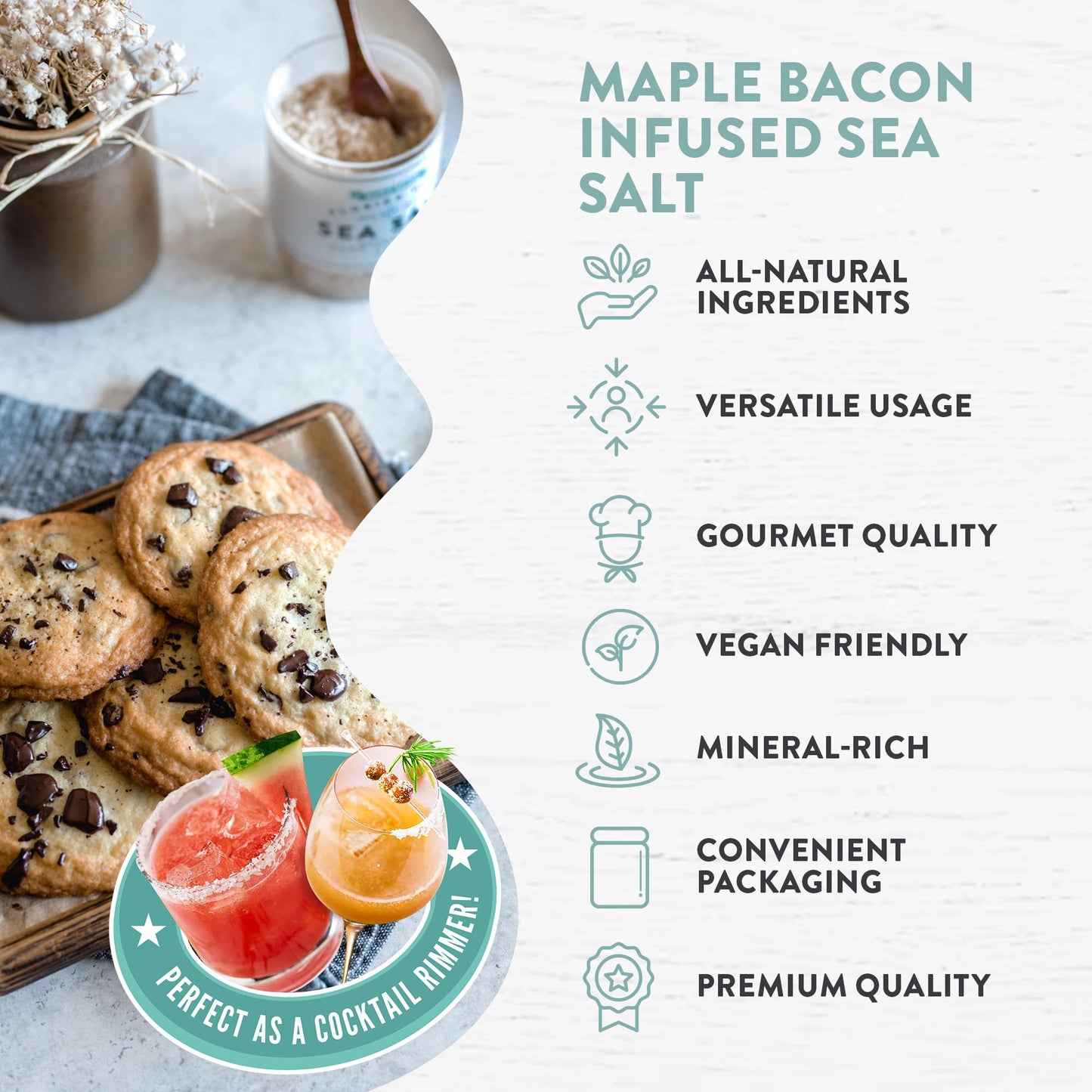 Florida Pure Maple Bacon Sea Salt - Smoky Flaky Sea Salt, 4.5 oz Jar, Natural, Unrefined, Non-Iodized for Cooking and Seasoning