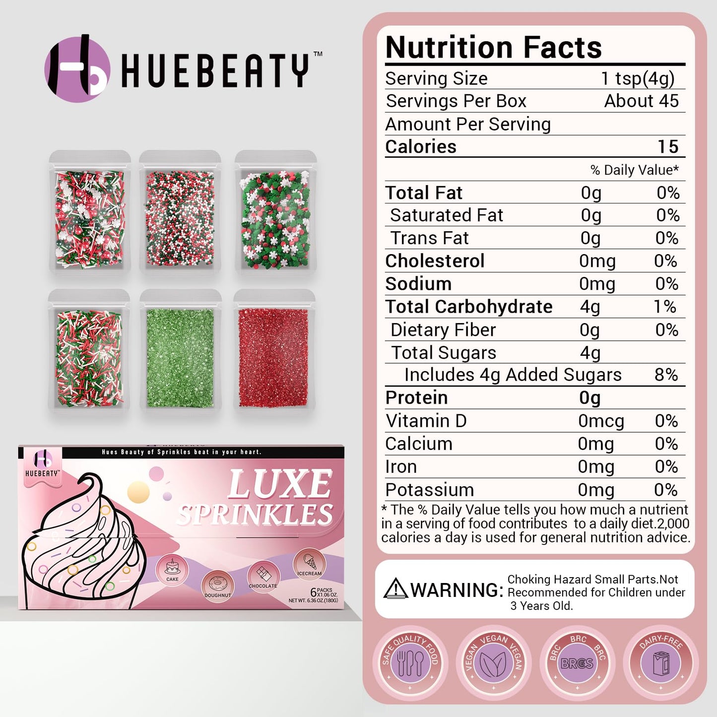 HUEBEATY 6-in-1 Christmas Red and Green Sprinkles for Cookies Baking - 180g Nonpareils, Jimmies, Christmas Tree & Sugar Sprinkle