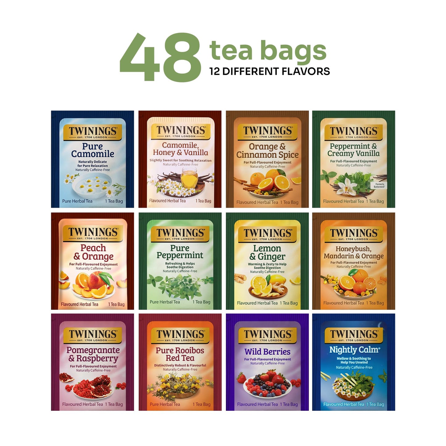 Twinings 48 Tea Bags Herbal Variety Pack - 12 Herbal Flavors  Caffeine-Free  Individually Wrapped  Perfect Tea for Any Occasion