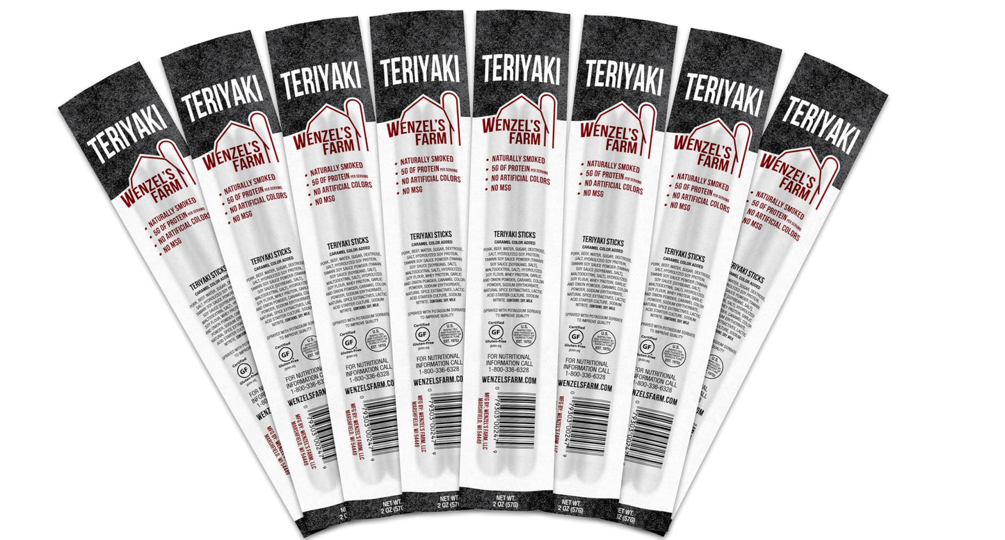 Wenzels Farm Teriyaki Snack Sticks, High Protein, Low Carb, Gluten Free, 16 Count (8 Packs of 2)