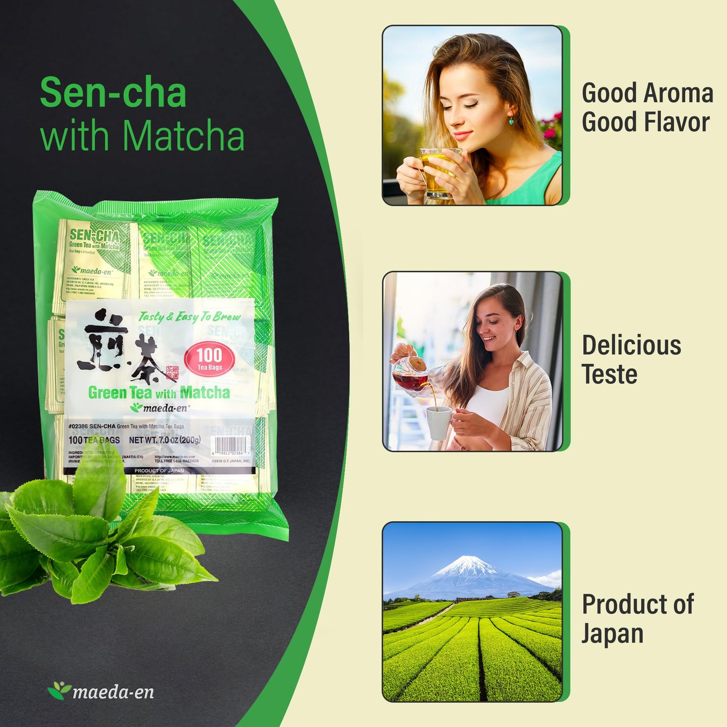 MAEDA-EN Sen-cha with Matcha Green Tea, 200 Individually Wrapped Teabags, 100 Count (Pack of 2), Authentic Japanese Green Tea