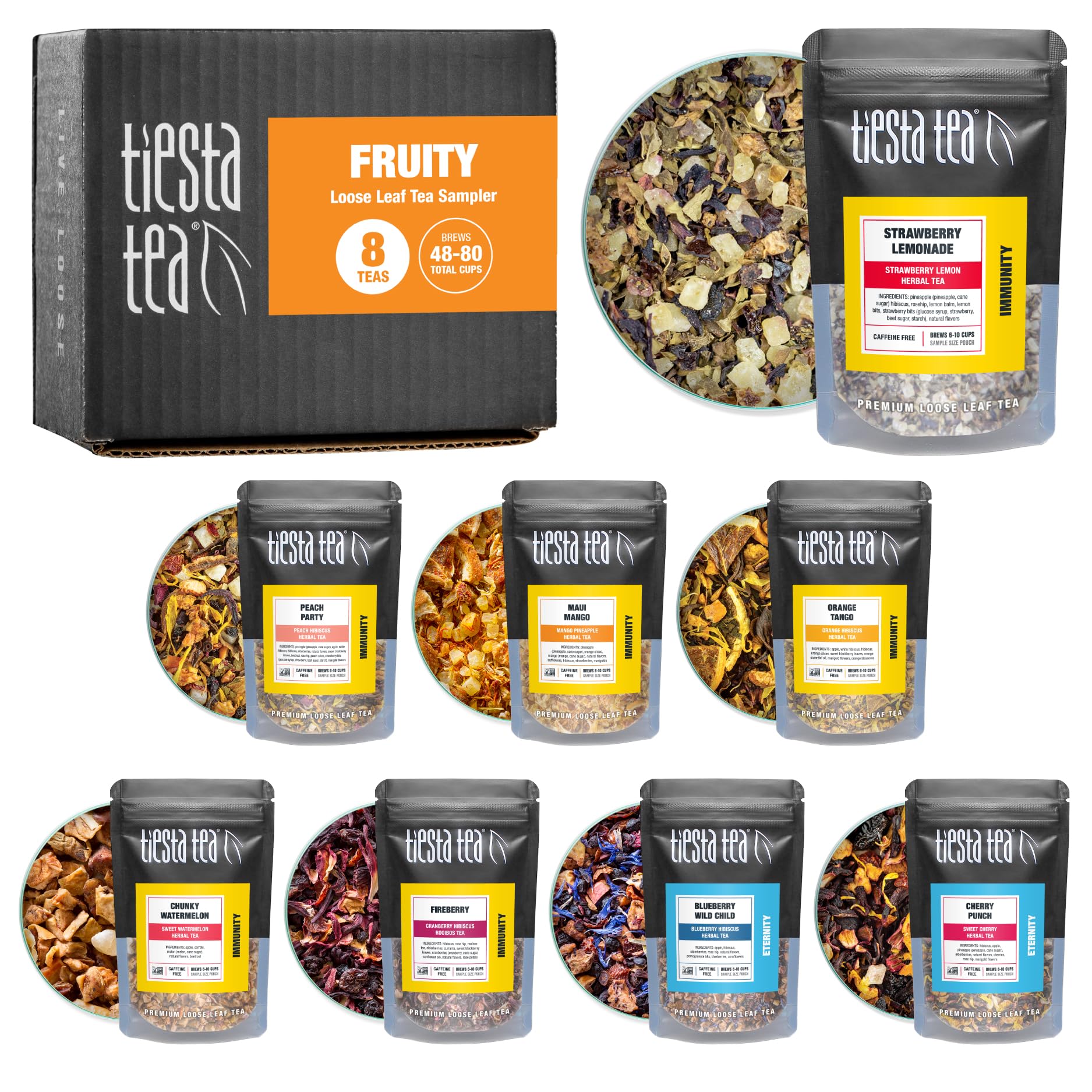 Tiesta Tea Fruity Tea Sampler Set, Loose Leaf, No Caffeine, Assorted Fruit Brews, 8 Resealable Sample Pouches