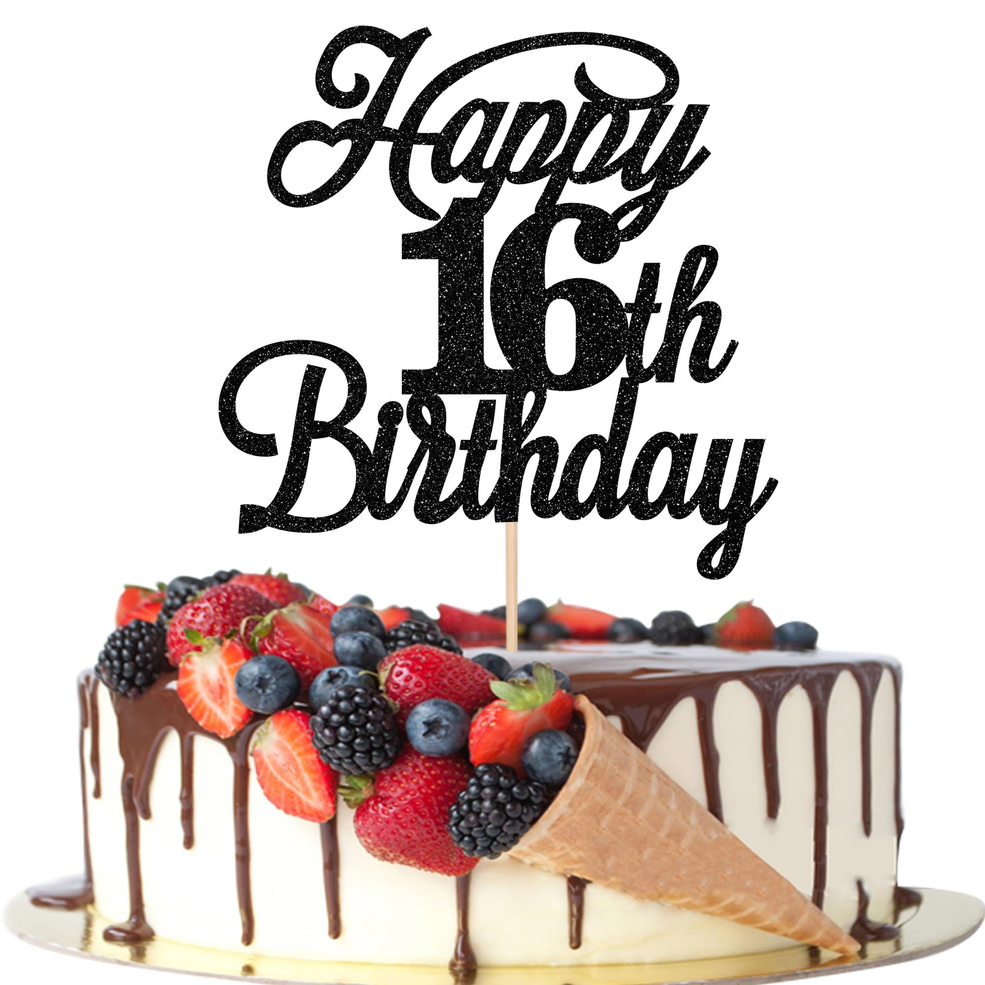 Rsstarxi Happy 16th Birthday Cake Topper, Black Glitter, 16 & Fabulous, Paper Decoration, Model XM063-Black 16th