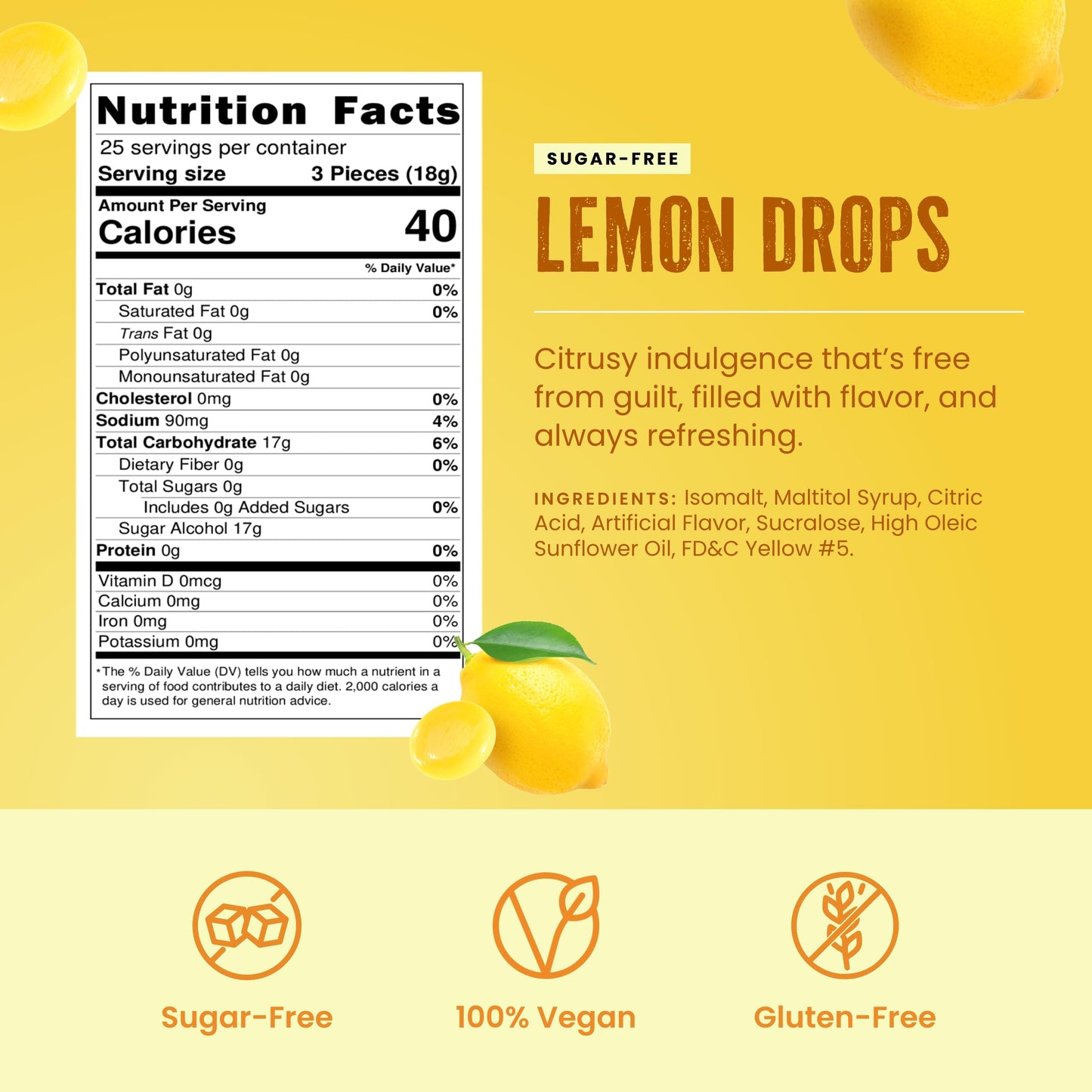 Sugar Free Lemon Drops By Cambie,1 Lb Of Lemon Flavored Sugar Free Candy, Individually Wrapped Bon Bons, Keto Friendly Candy, 1