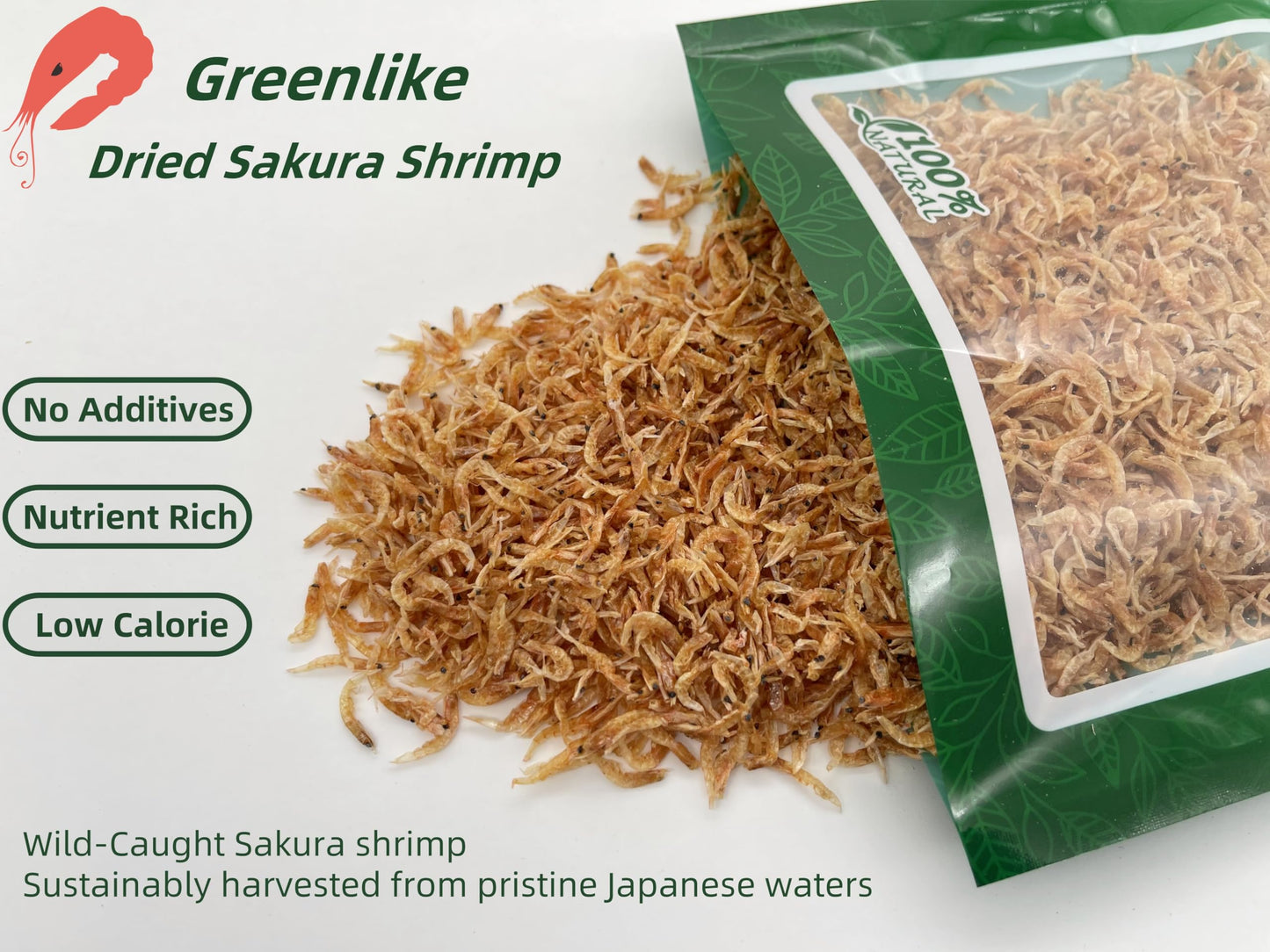 Greenlike Japanese Dried Sakura Shrimp 2Oz, Wild-Caught Shrimps, Rich In Protein & Calcium, Dehydrated Small Shrimp For Ramen To
