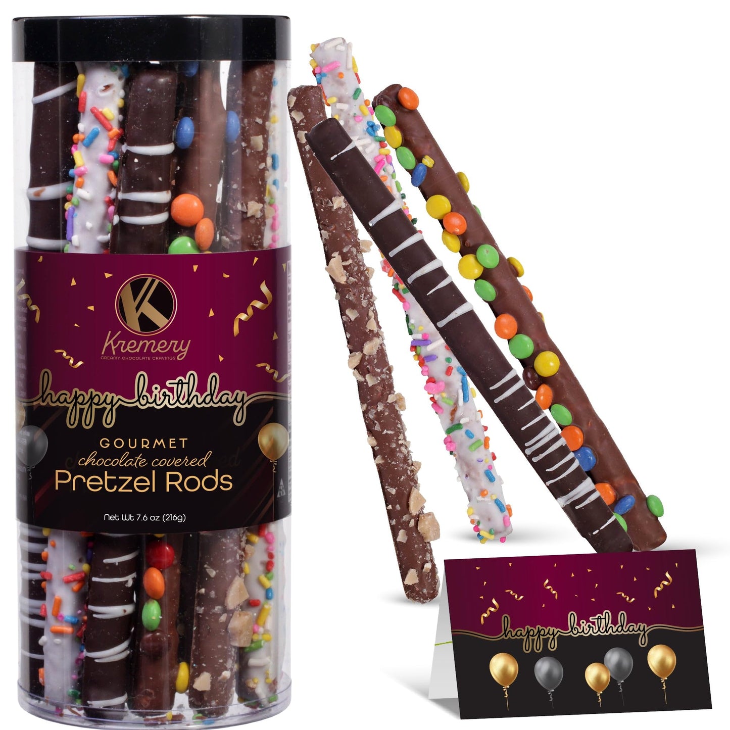 KREMERY Creamy Chocolate Cravings - Birthday Treats, Chocolate Covered Pretzel Rods Gift Basket, in Clear Tube + Greeting Card (