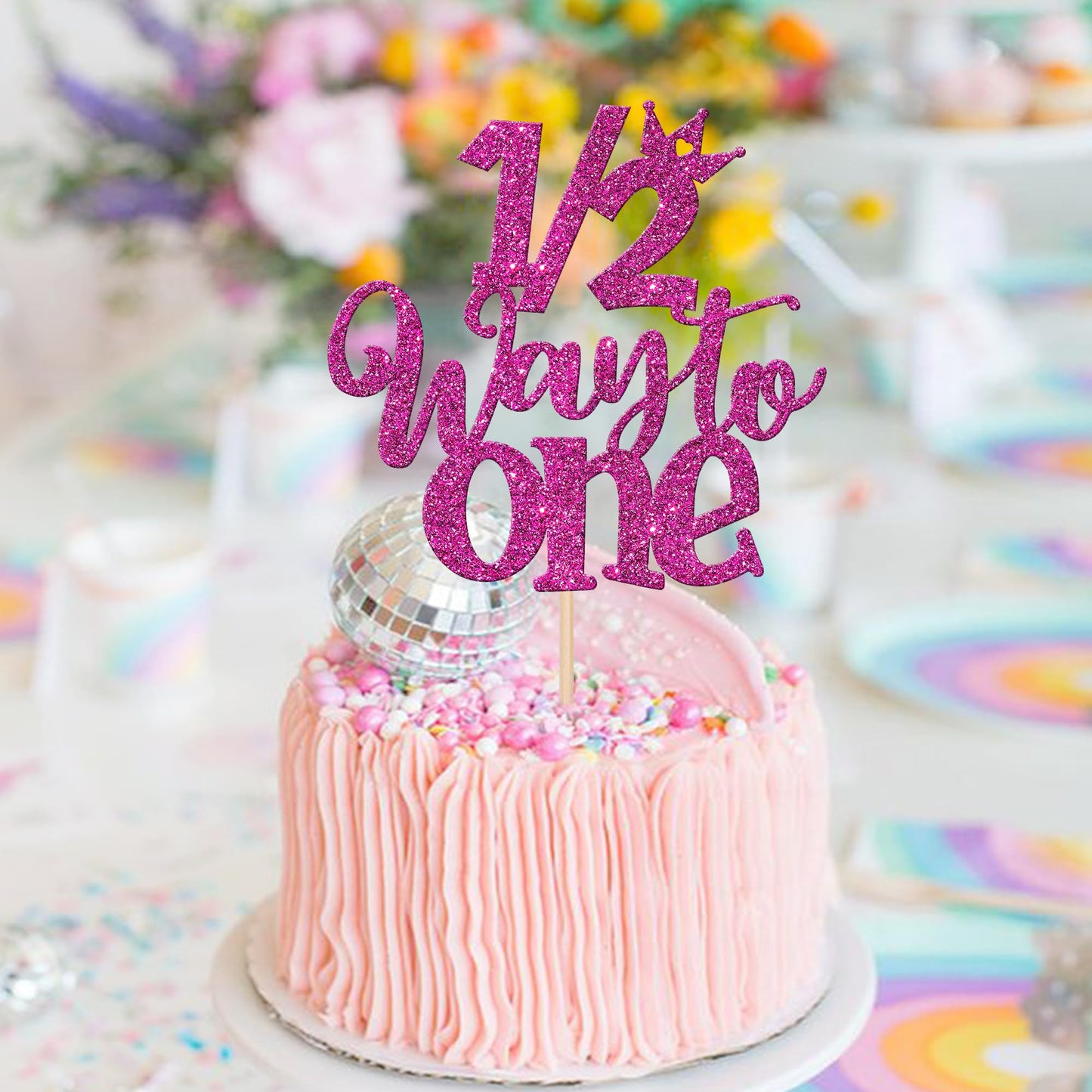 ZHUOWEISM Cake Topper Glitter Half Way to Go Decoration for 6 Months Birthday, Rose Red, Paper, 1 PCS