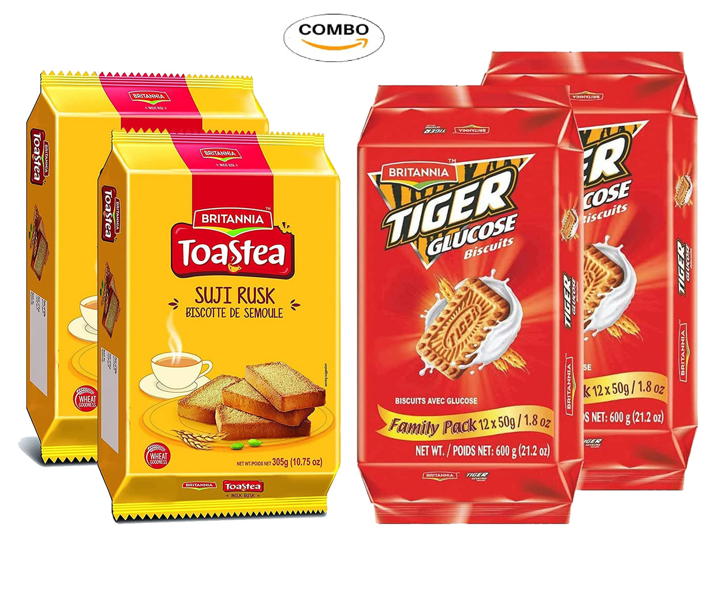 Britannia Wheat Rusk & Tiger Glucose Variety Pack - Breakfast & Tea Time Snacks - Crunchy And Delicious (Pack Of 1 Each)