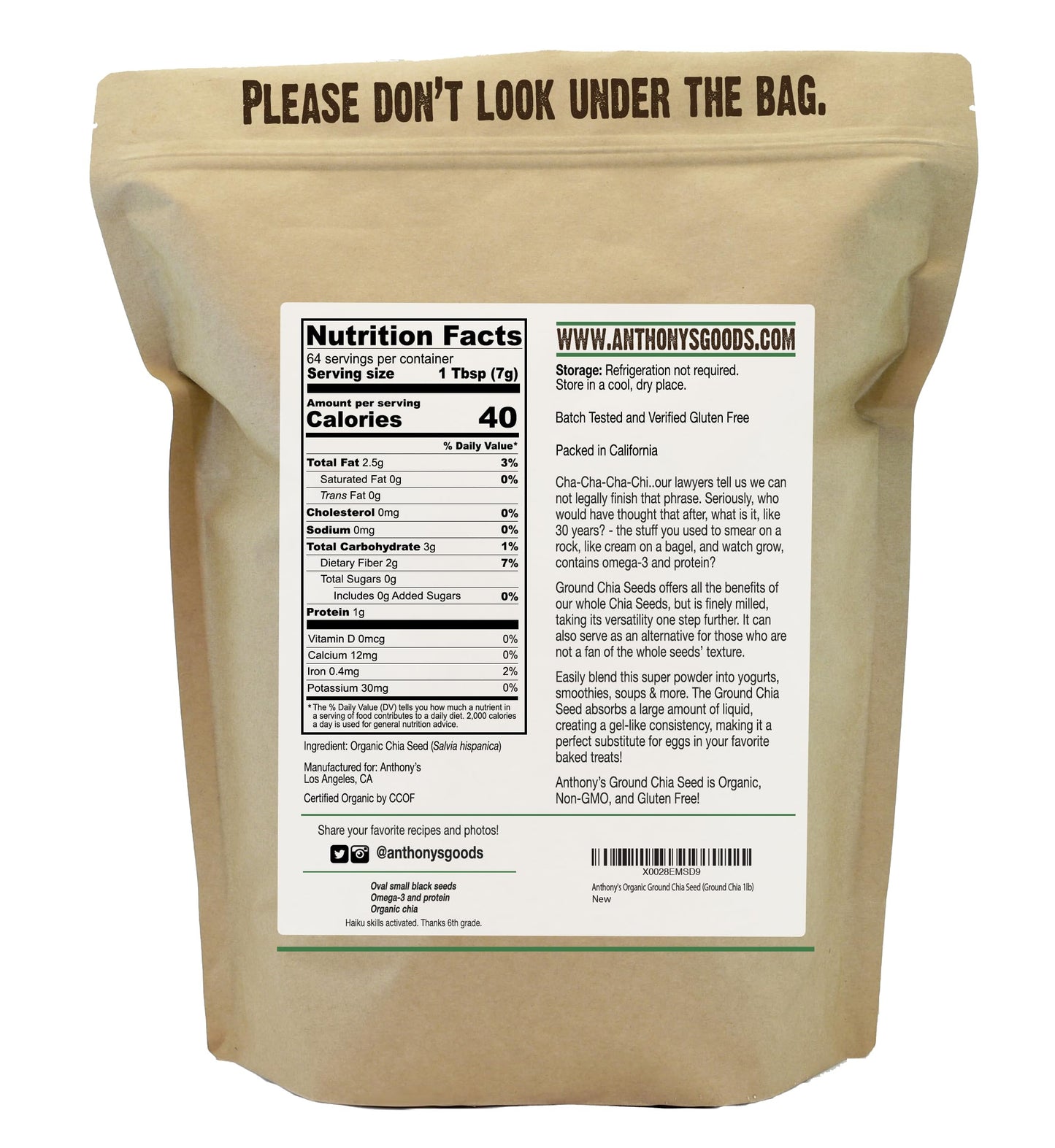 Anthony's Organic Ground Chia Seed, 1 lb, Finely Ground, Cold Milled, Gluten Free, Non GMO