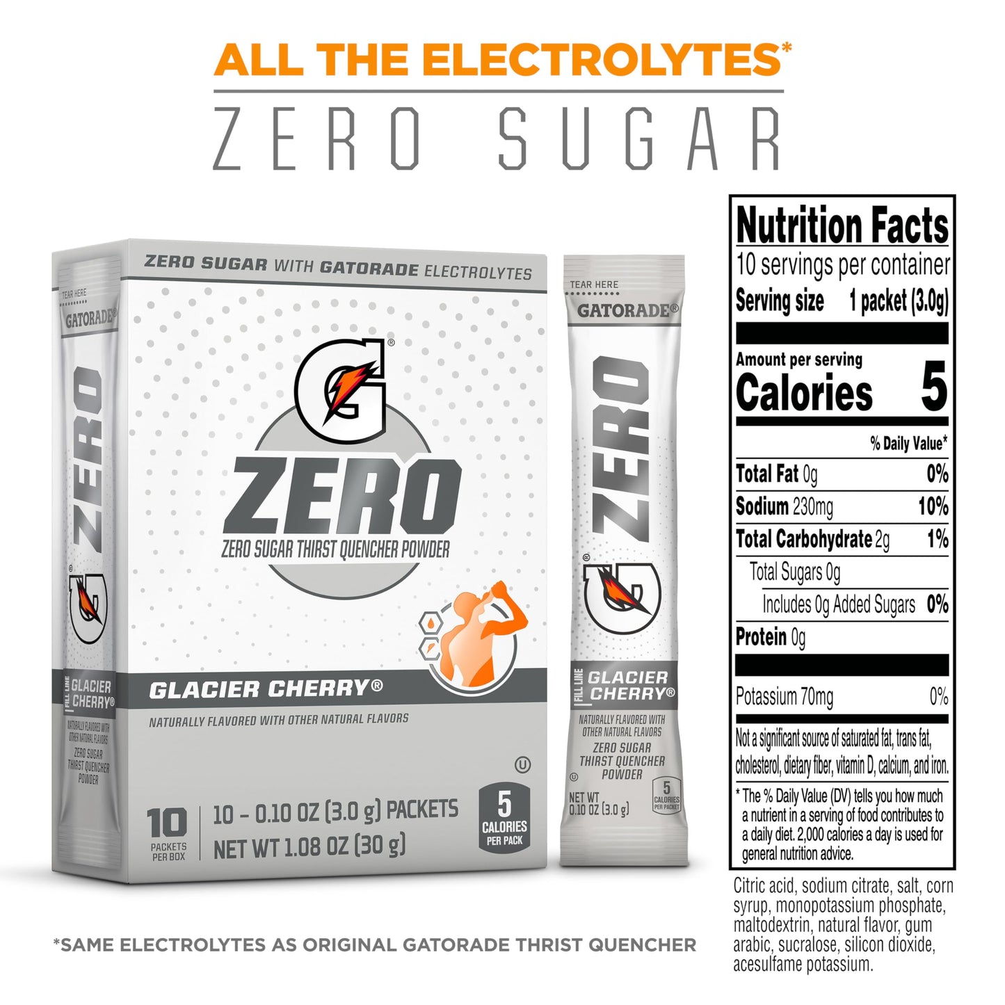 Gatorade G Zero Sports Drink Mix Powder Packets, Glacier Cherry, Electrolyte Powder Drink Mix for Hydration, Zero Sugar, Total 1