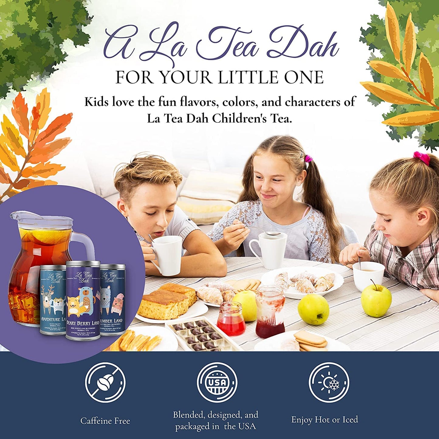La Tea Dah Little Animals Tea Gift Basket, Caffeine Free Herbal Tea Sampler for Kids, 36 Decaf Sachets