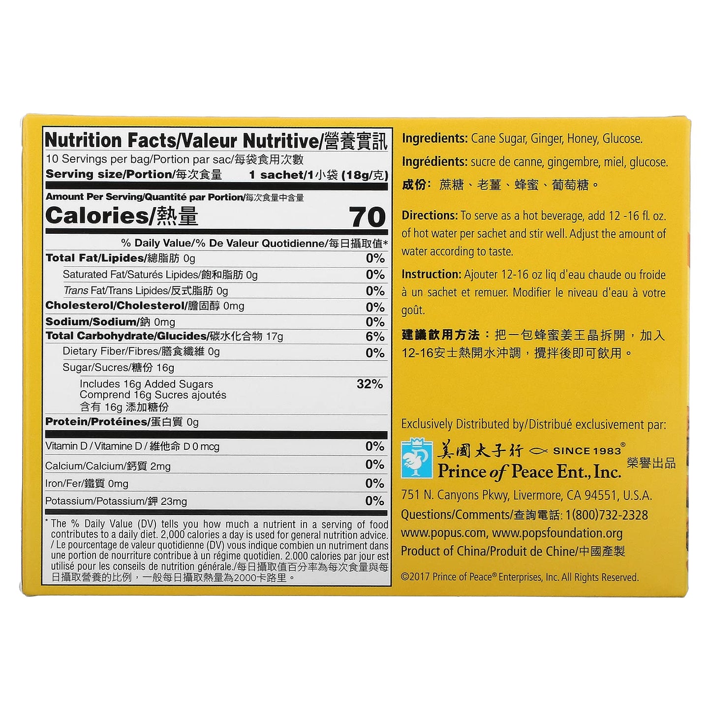 Prince Of Peace Instant Natural Lemon Ginger Honey Crystals, 10 Sachets – Instant Hot Or Cold Beverage For Nausea Relief And Soothes Throat – Easy To Brew Ginger And Honey Crystals