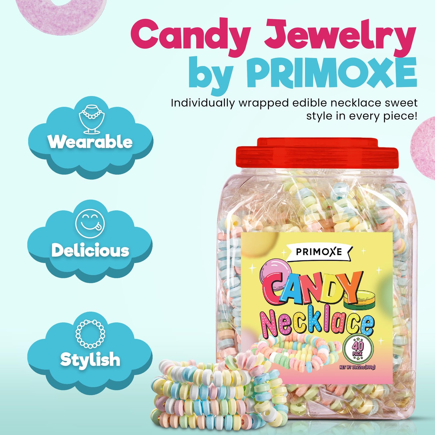 Candy Necklaces Individually Wrapped - 40 Pack Bulk Candy (28.22Oz / 800G) - Edible Jewelry For Kids, Party Favors, 80S Nostalgi