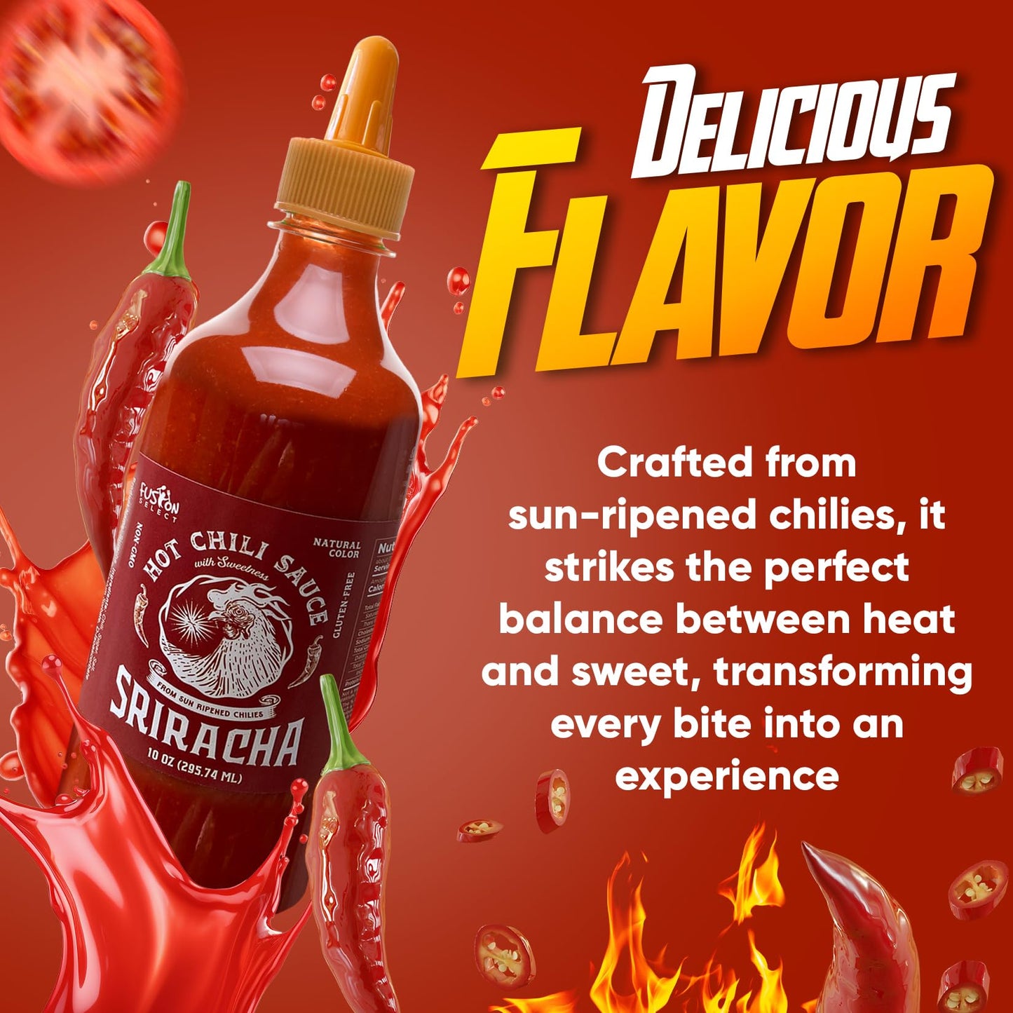 Fusion Select 10 Oz Sriracha Hot Sauce - Gourmet Spicy & Sweet Chili Sauce Seasoning for Cooking, Pizza, Stir Fry, Chicken, Meat