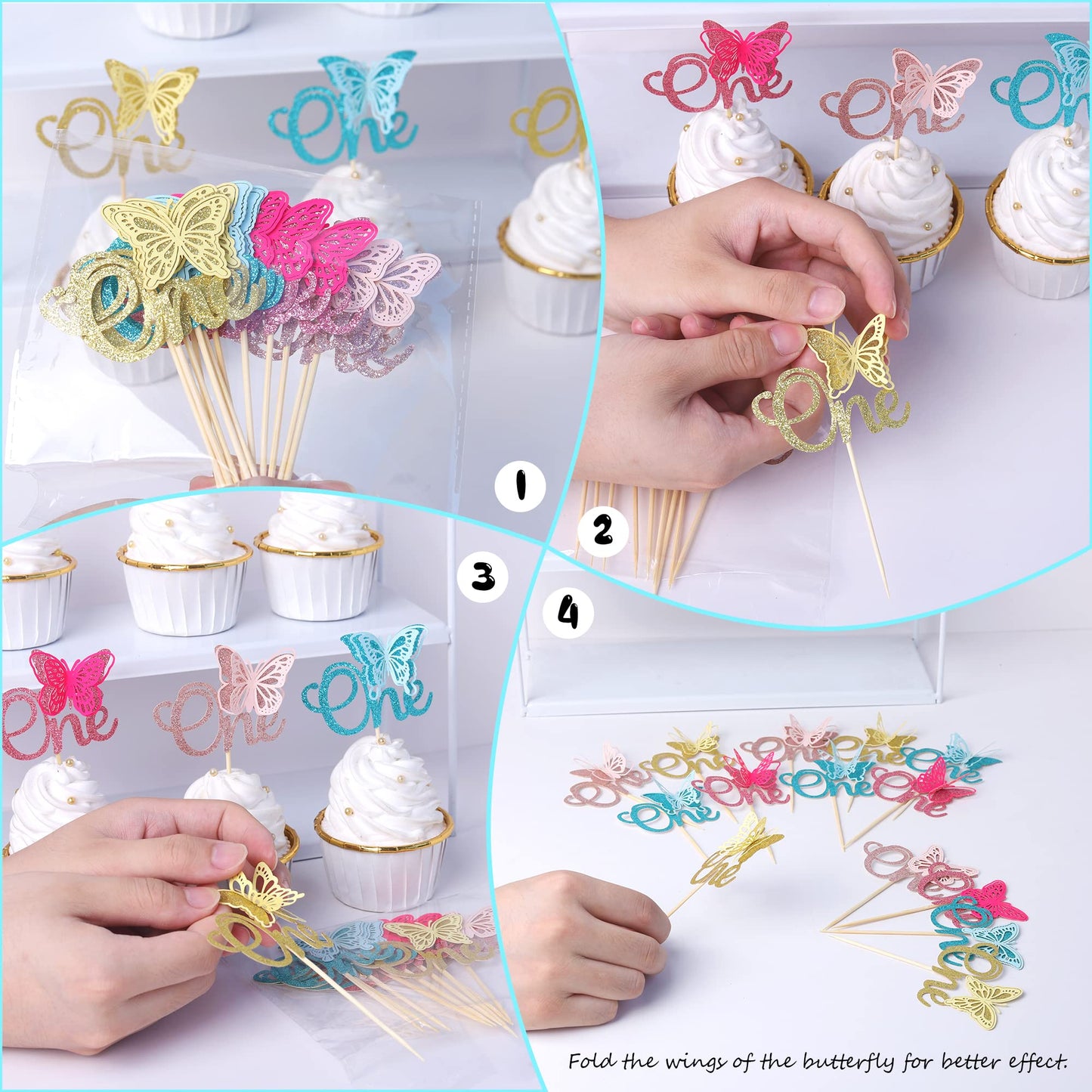 Rssta i Butterfly Cupcake Toppers, 24 Pack, Glitter, First Birthday, Multi Colors, Paper, Model XM011-multi
