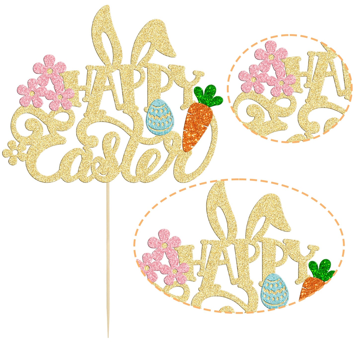 Gyufise Happy Easter Cake Topper, Glitter Bunny Ear Decorations, Gold, Model ZN0317-7-G