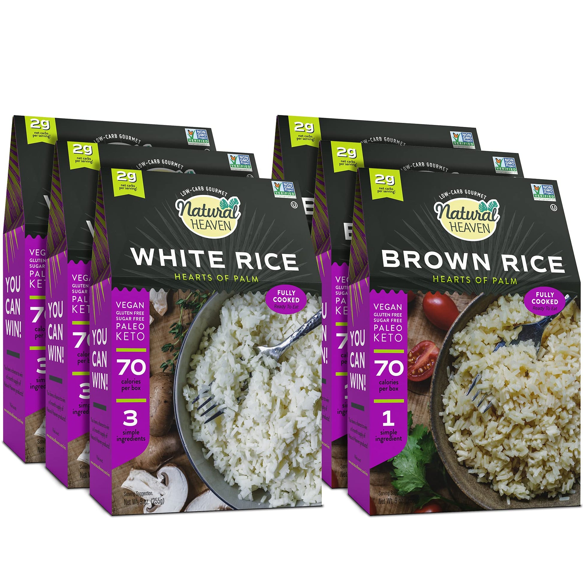 Natural Heaven Hearts Of Palm Rice Variety Pack - Low-Carb And Low-Calorie Brown Rice & White Rice, Keto, Paleo, Plant-Based Hea