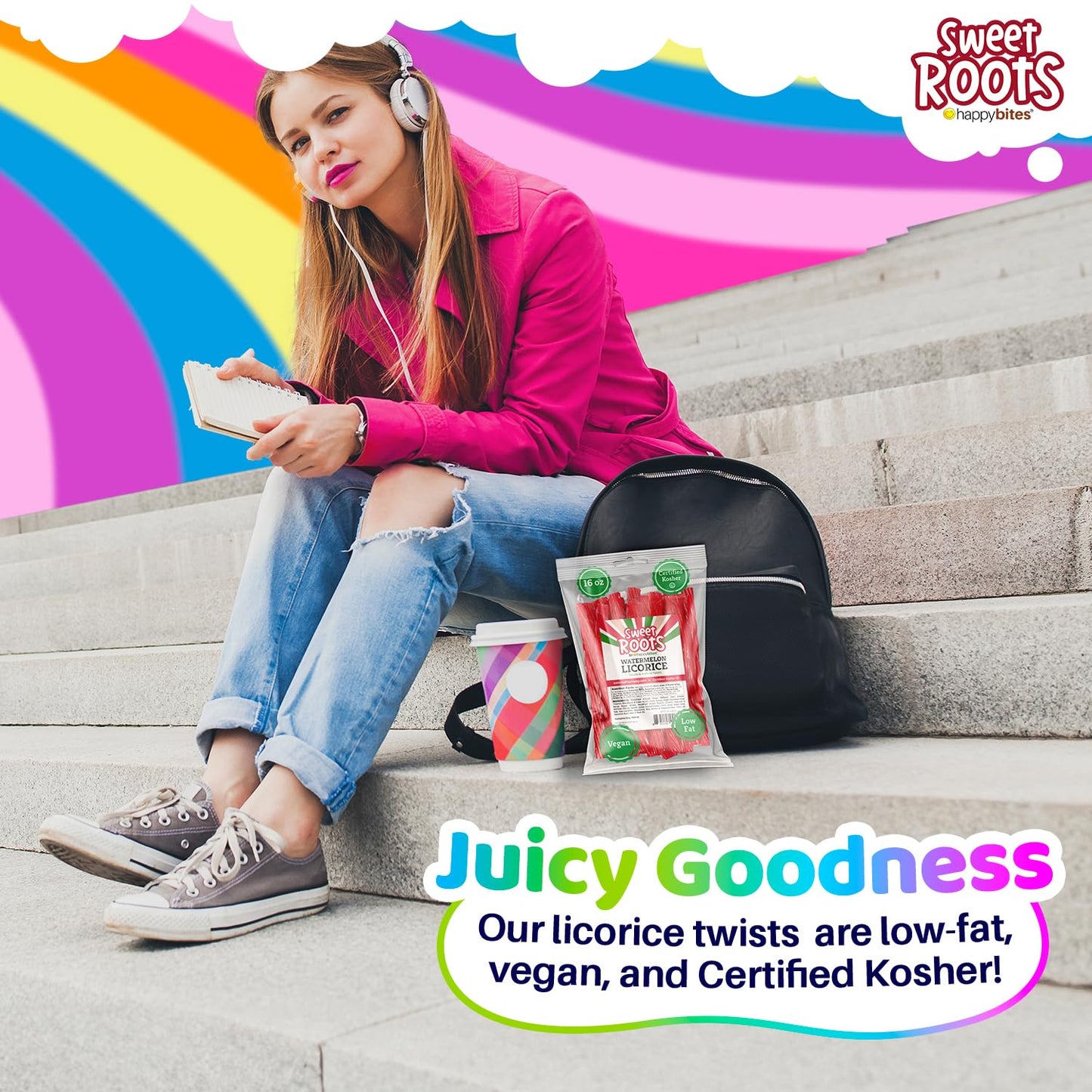Sweet Roots Watermelon Licorice Twists - 1 Bag (16 Oz) - Jumbo Size Licorice Sticks | Made With Real Fruit Juice Concentrate | V