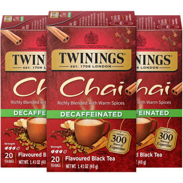Twinings Decaffeinated Chai Tea, Black Tea Blend With Cinnamon, Ginger, Cardamon, Cloves For A Sweet And Spicy Flavor, Clover Honey Stick Included, 20 Count (Pack Of 3)