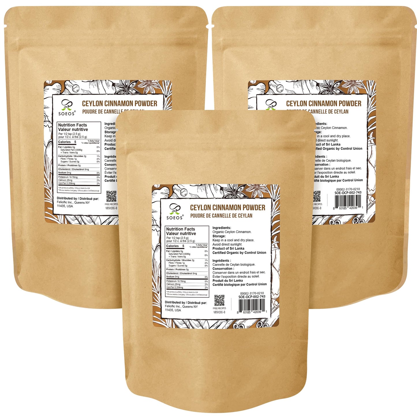 Soeos Organic Ceylon Cinnamon Powder 2 Ounce(Pack of 3)  Pure Ground Cinnamon from Sri Lanka  Non-GMO  Gluten-Free  Perfect for Baking  Cooking and Beverages