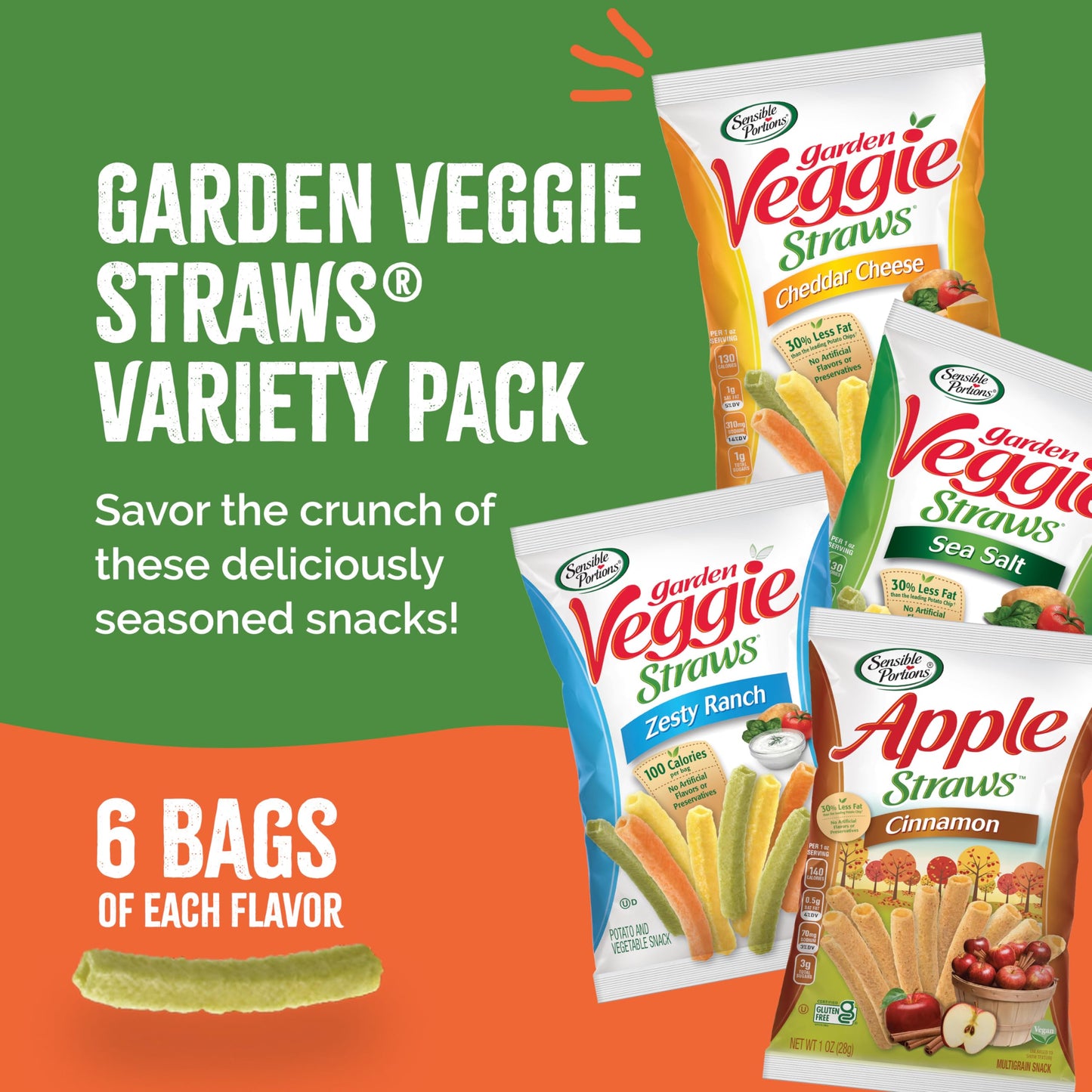 Sensible Portions Veggie Straws Multi-Pack, Gluten-Free Chips, Individual Snacks, 1 Ounce Bag, 24-Pack
