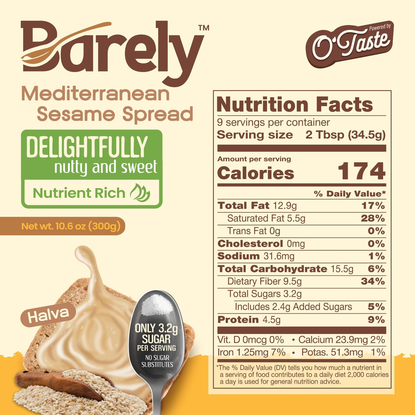 Barely Sesame Spread, Keto Friendly, Low Sugar, 10.6 oz (2-Pack), Model HALVASP2PACK01