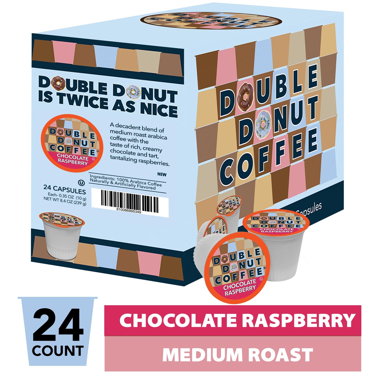 Double Donut Coffee Pods, Chocolate Raspberry Flavor, Single Serve Medium Roast, 24 Count for Keurig K Cups