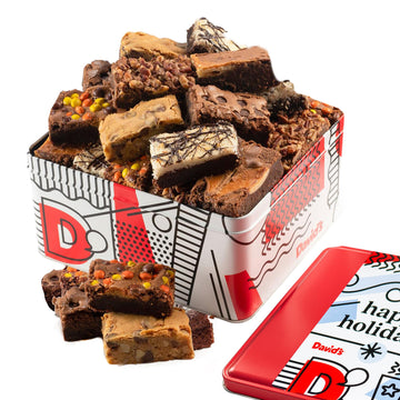 Davids Cookies Happy Holidays Assorted Brownies Tin Gift Basket 20pcs - Delicious, Fresh Baked Brownie Snacks - Gourmet Pure Cho
