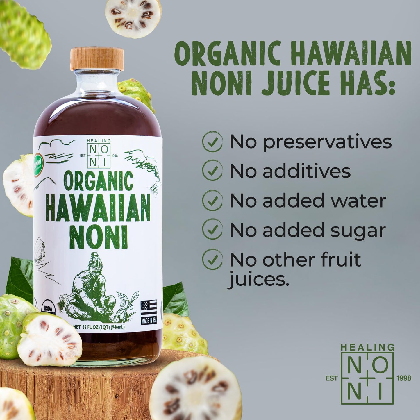 Healing Noni - 2-Pack Glass Bottle 32Oz - 100% Pure Hawaiian Organic Noni Juice - All-Natural Unsweetened Fresh Fruit - Farm Dir