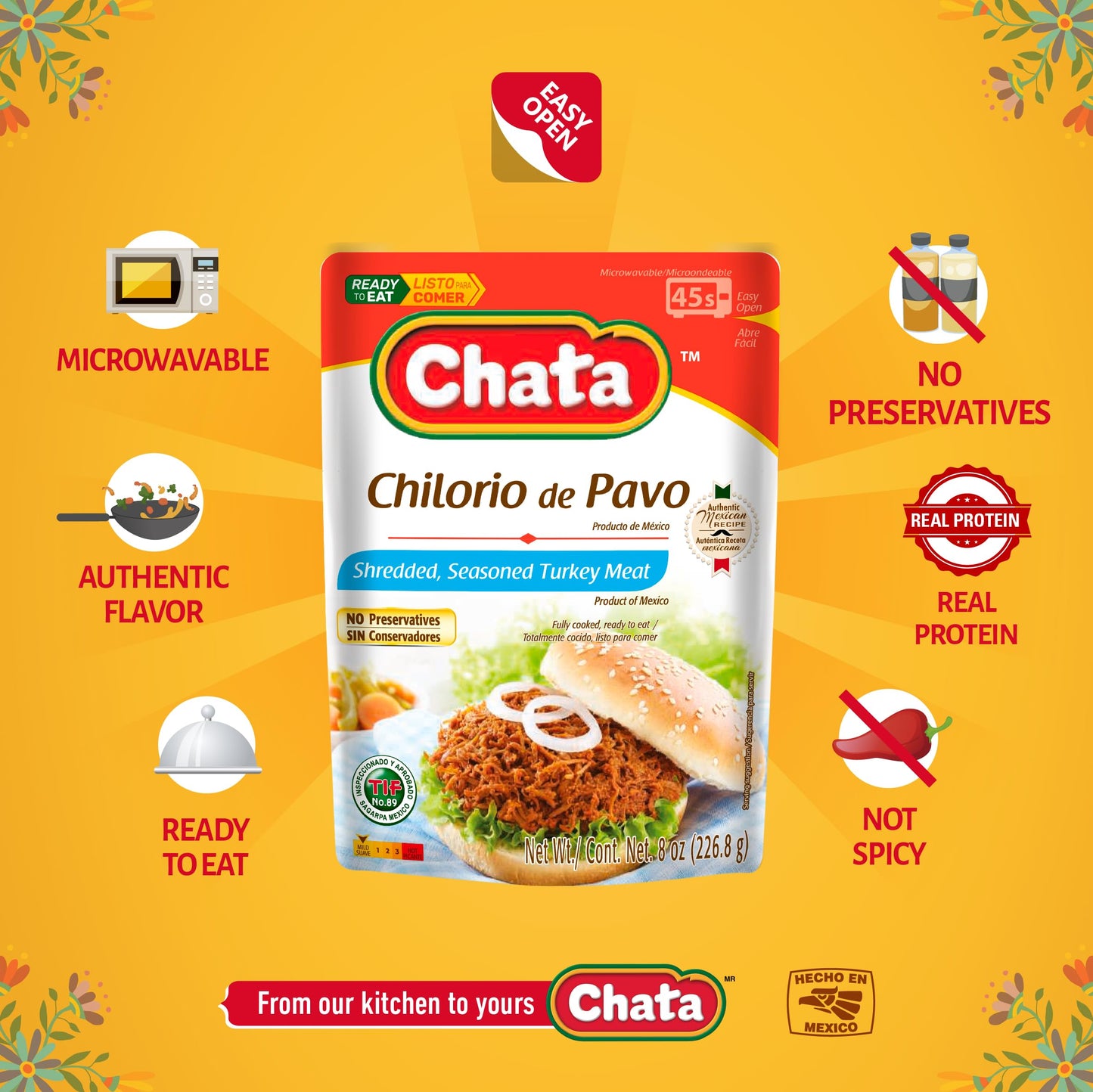 Chata Turkey Chilorio, Shredded Seasoned Meat, 8 Oz, Pack Of 6