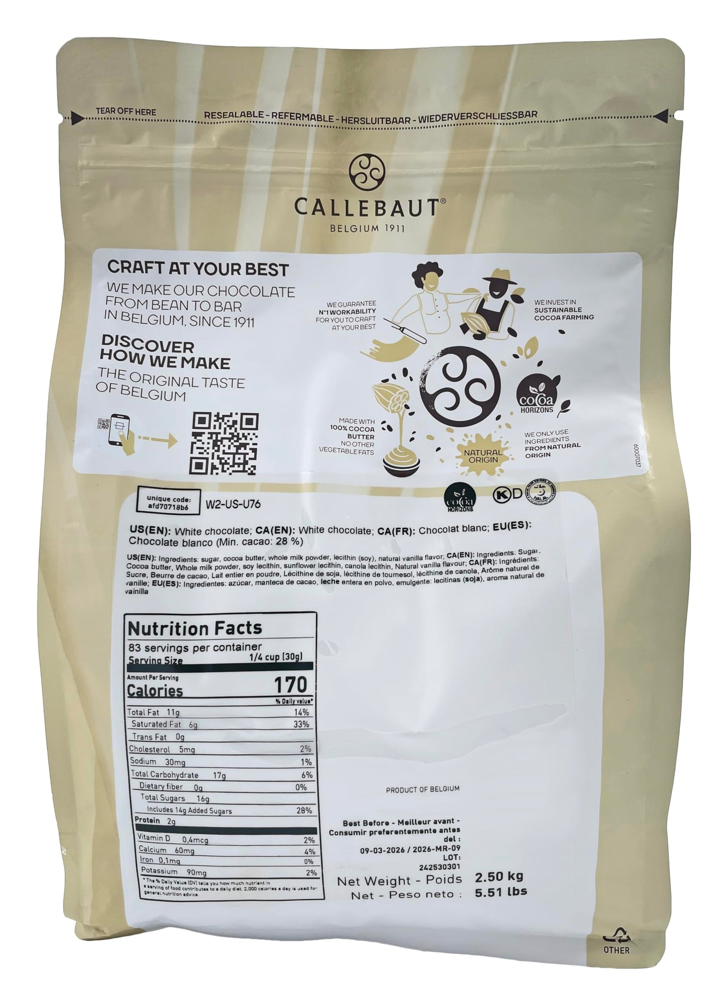 Callebaut Belgian Chocolate Callets | 2 Pack of 5.51 Bags (2.5KG) (White Chocolate)