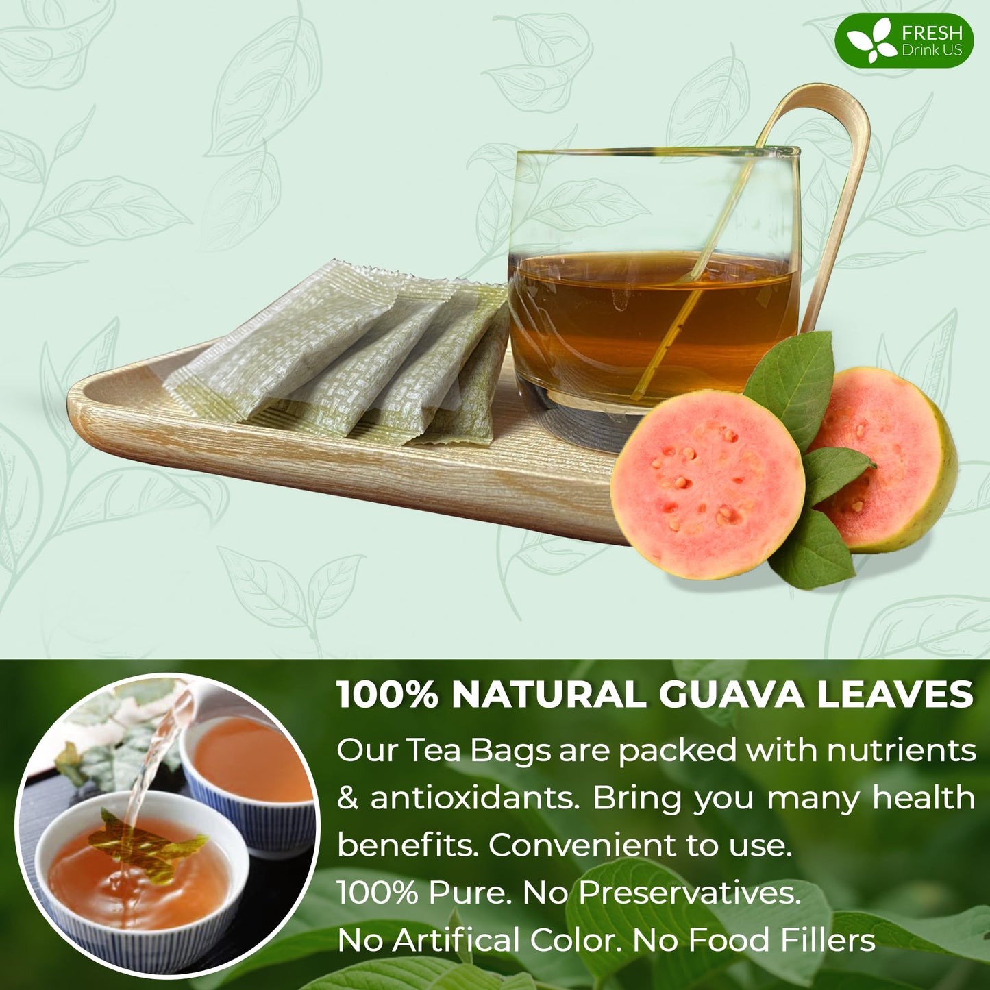 FRESHDRINKUS Guava Leaf Tea Bags, 100% Natural Herbal Tea, 35 Count, Vegan, No Sugar, No Caffeine, No Gluten