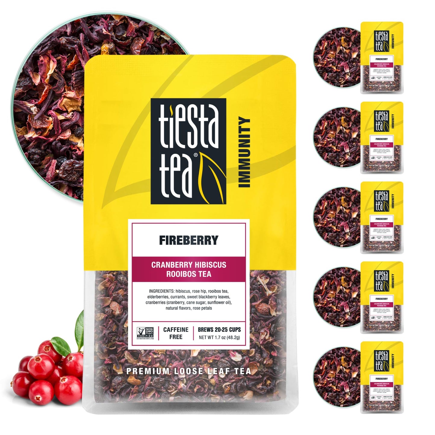 Tiesta Tea Fireberry Loose Leaf Rooibos Tea, Non-Caffeinated, 1.7oz Resealable Pouch, 25 Cups, Pack of 6
