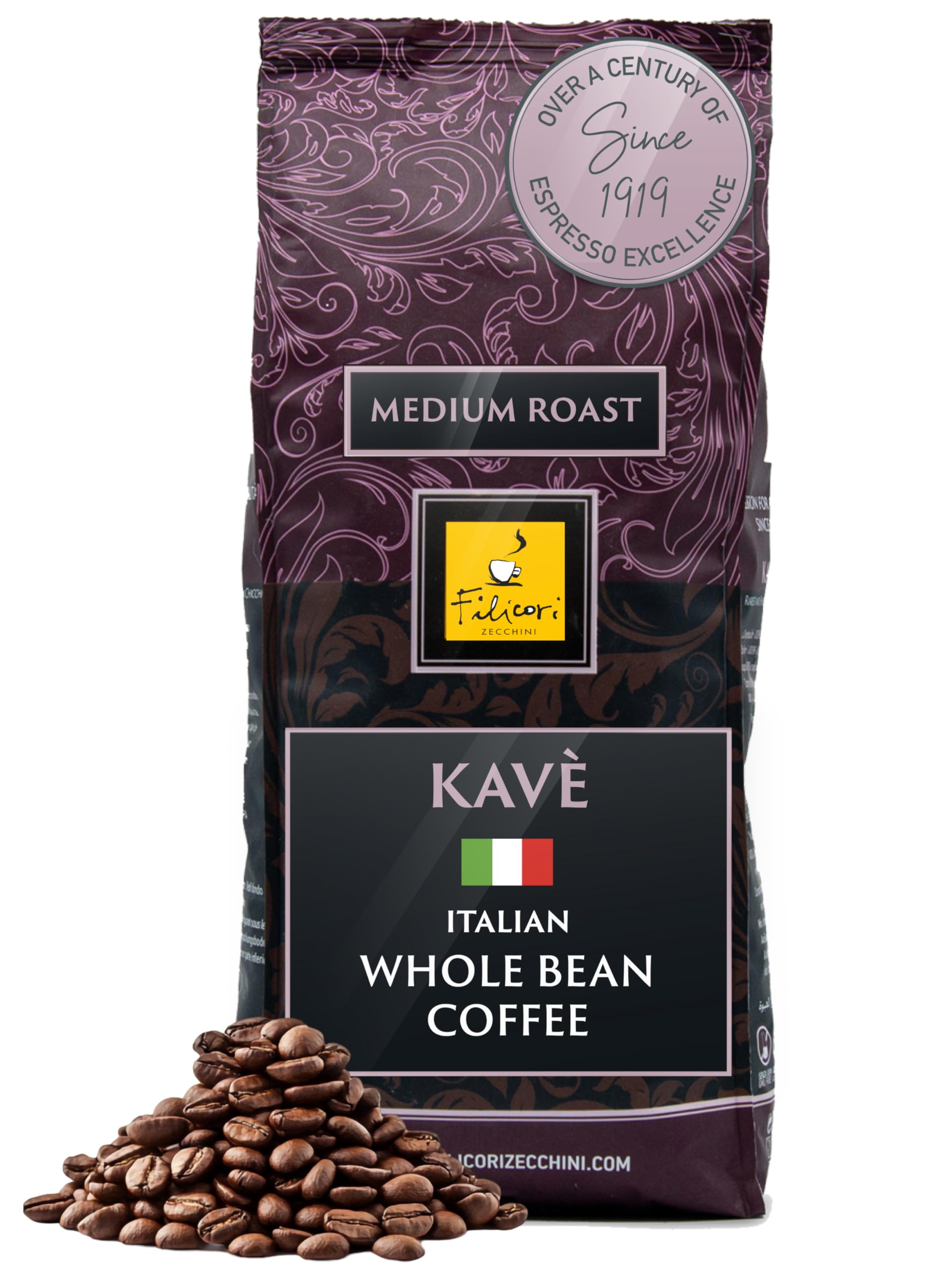 Filicori Zecchini Espresso Beans – Medium Roast Arabica & Robusta Blend – Low Acidity – 35.2 Ounce Kavè Bag