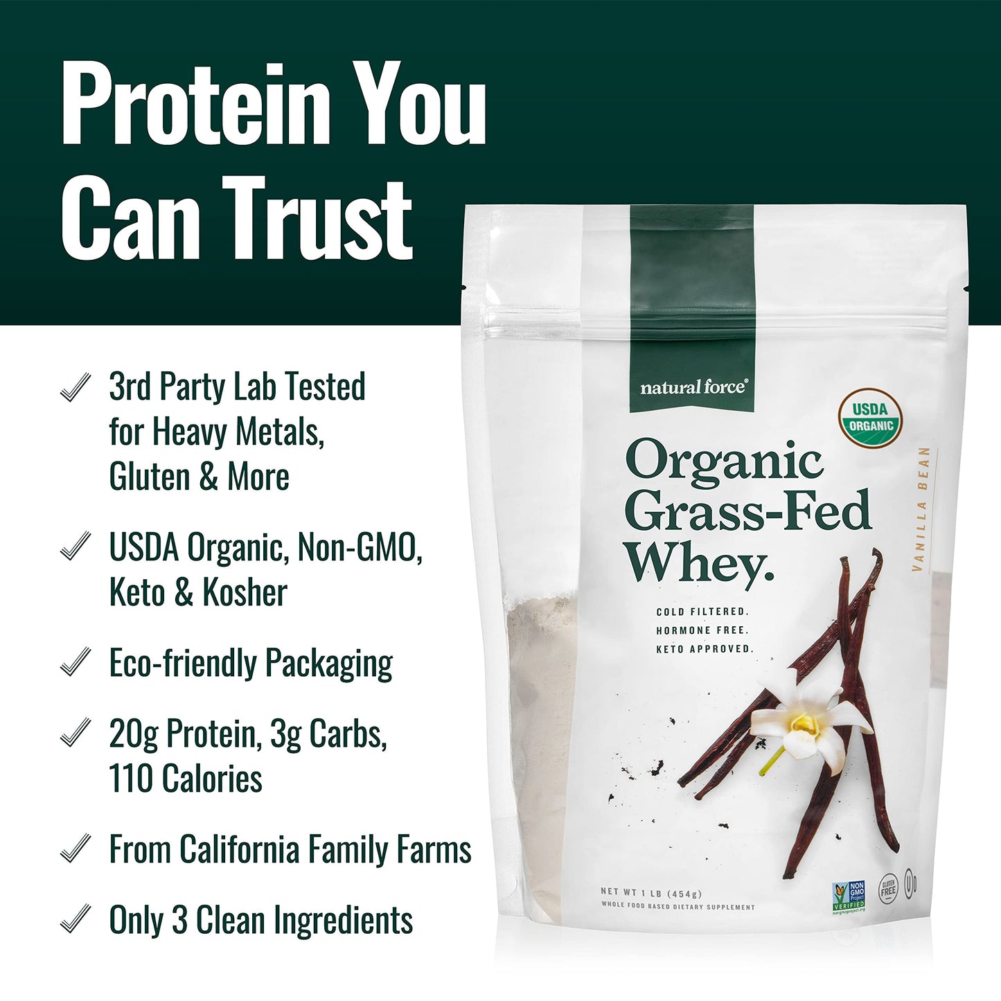 Natural Force Grass Fed Organic Whey Protein Powder - Non GMO Verified, Humane Certified & Lab Tested for Toxins - Real Vanilla