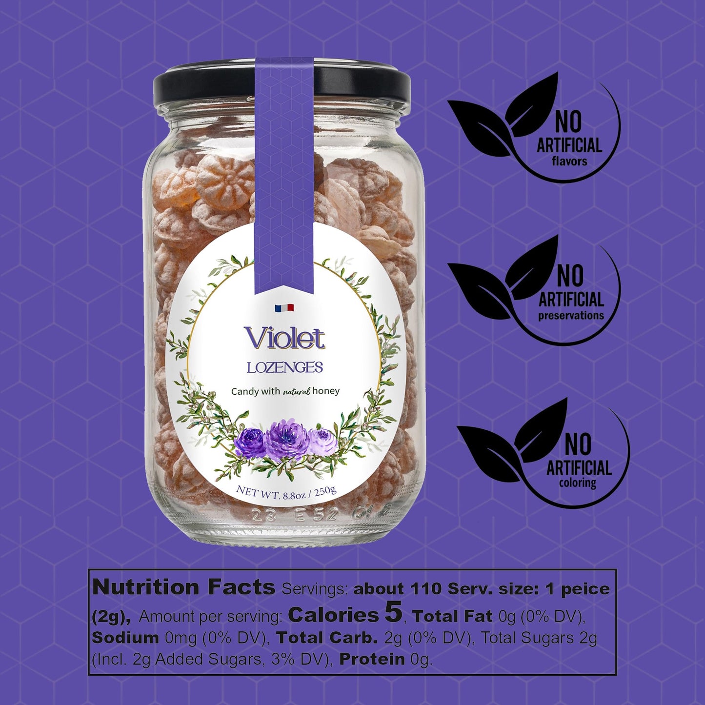 Gourmanity Violet Flavor Honey Lozenges Made With Real Honey And Natural Violet Flavor, Luxury French Honey Candy, Great For Soo