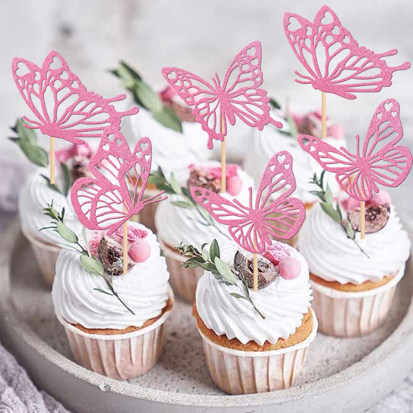 Rssta i Pink Glitter Butterfly Cupcake Toppers, 24 Pack, Paper, Design 1 Deep Pink, Wedding, Baby Shower, Kids Birthday Party Decorations