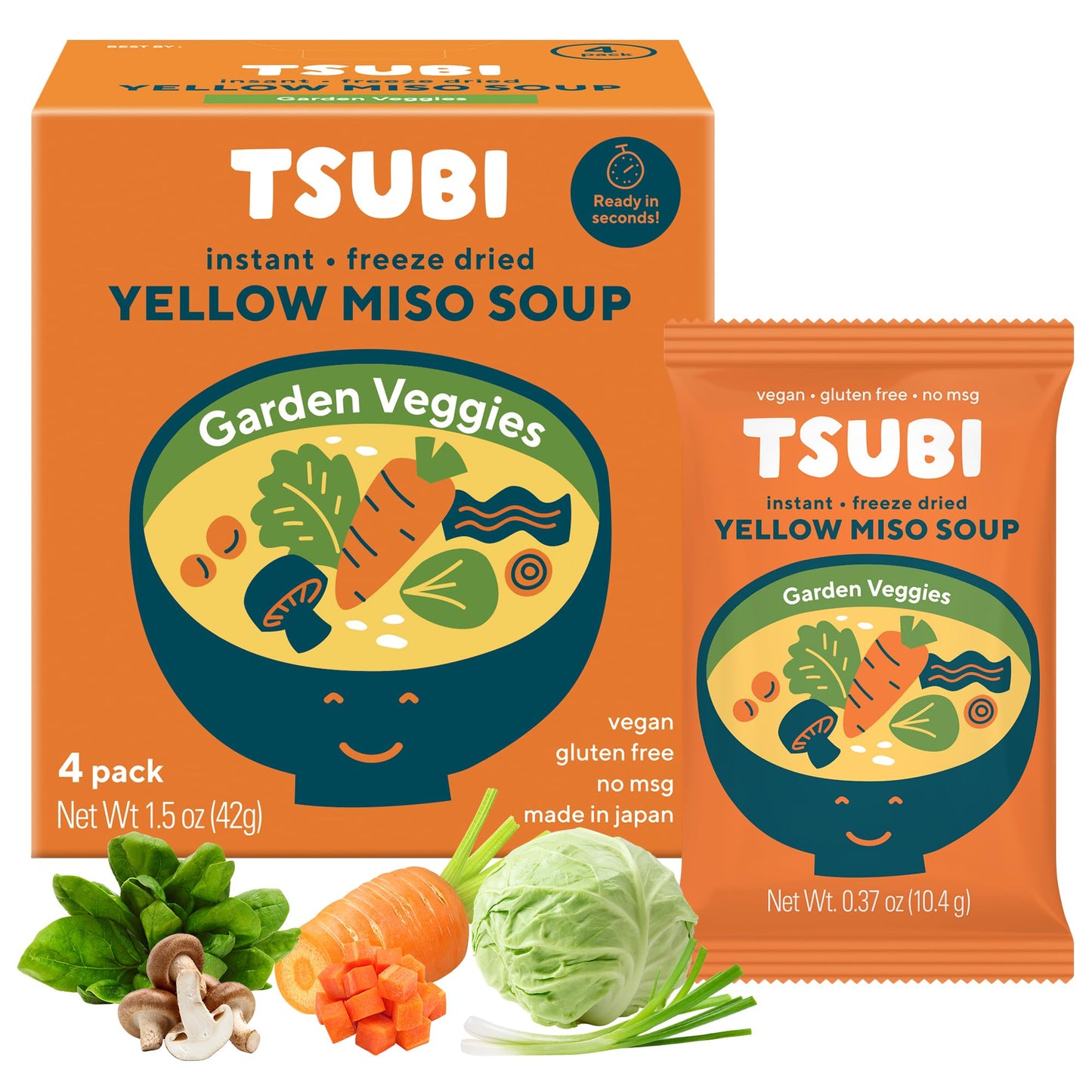 Tsubi Soup Freeze-Dried Miso Soup Packets - Vegan, Gluten-Free - 0.38 oz (Pack of 4) - Yellow Miso (Garden Veggies)