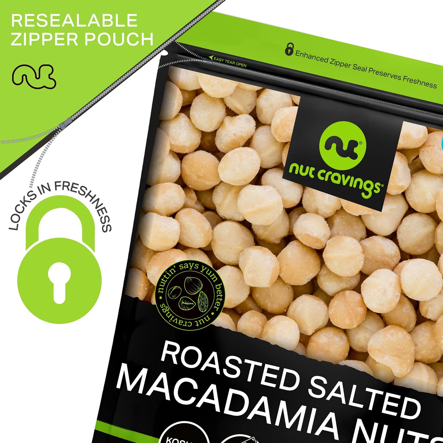 NUT CRAVINGS - Roasted & Salted Macadamia Nuts - No Shell, (32oz - 2 LB) Bulk Nuts Packed Fresh in Resealable Bag - Healthy Prot