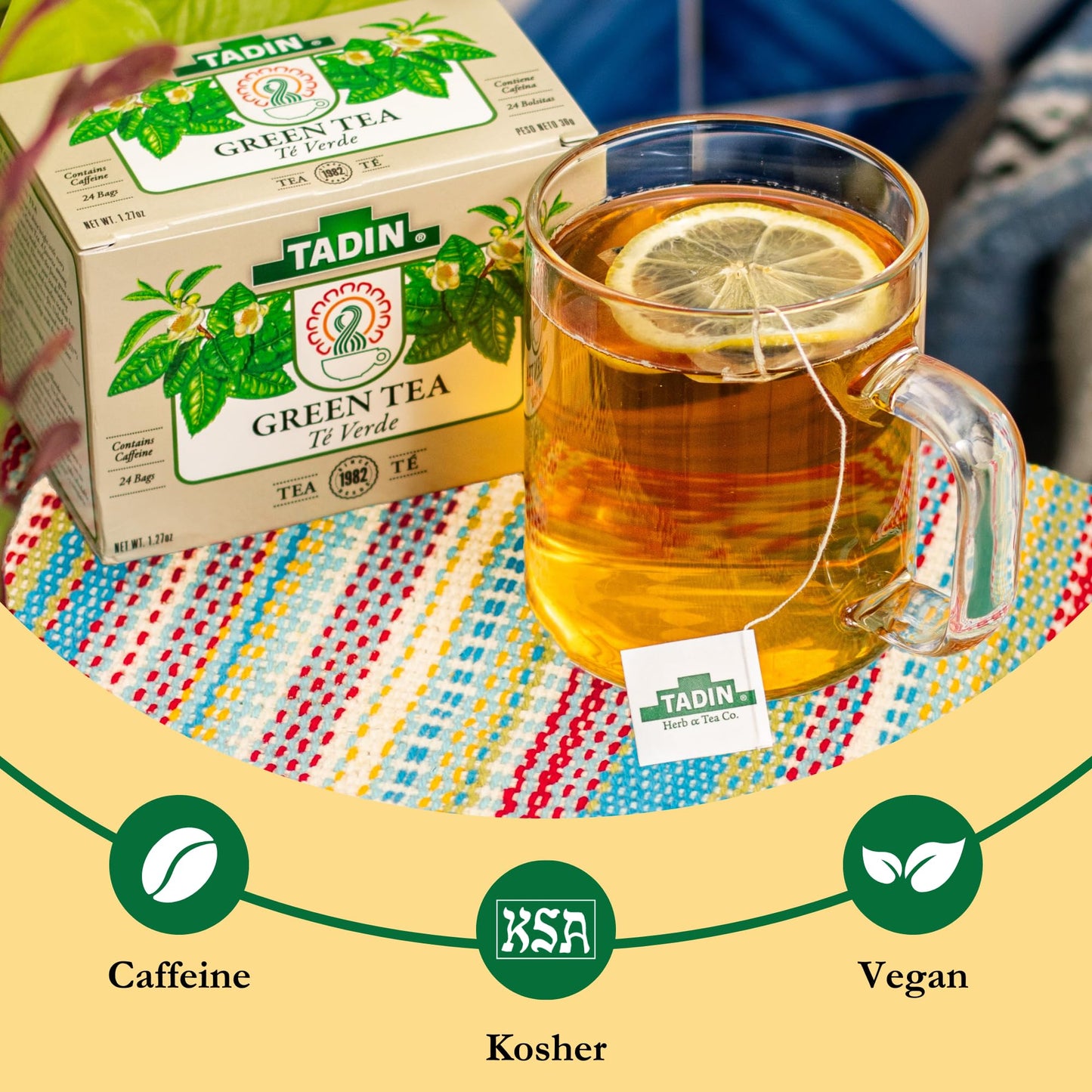 Tadin Green Tea, Herbal Tea, Green Tea Bags, Caffeinated Tea, Tea Bags Individually Wrapped, 24 Tea Bags, Pack of 6