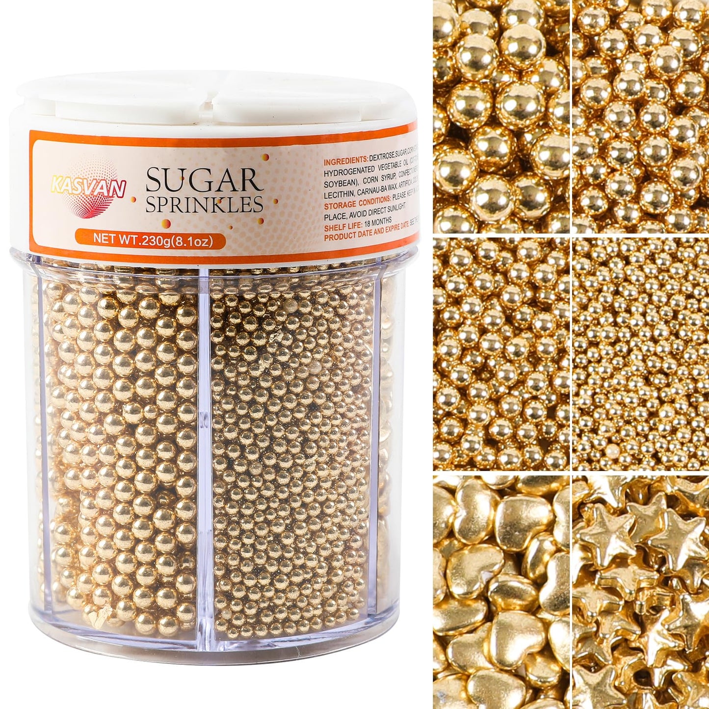 Kasvan Gold Pearl Sugar Sprinkles, 6 Sizes Mix for Cake Decorating, 230g/8.1oz, Ice Cream Toppings and Cookie Decorating, Weddin