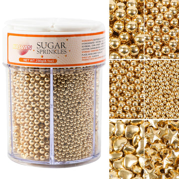 Kasvan Gold Pearl Sugar Sprinkles, 6 Sizes Mix for Cake Decorating, 230g/8.1oz, Ice Cream Toppings and Cookie Decorating, Weddin