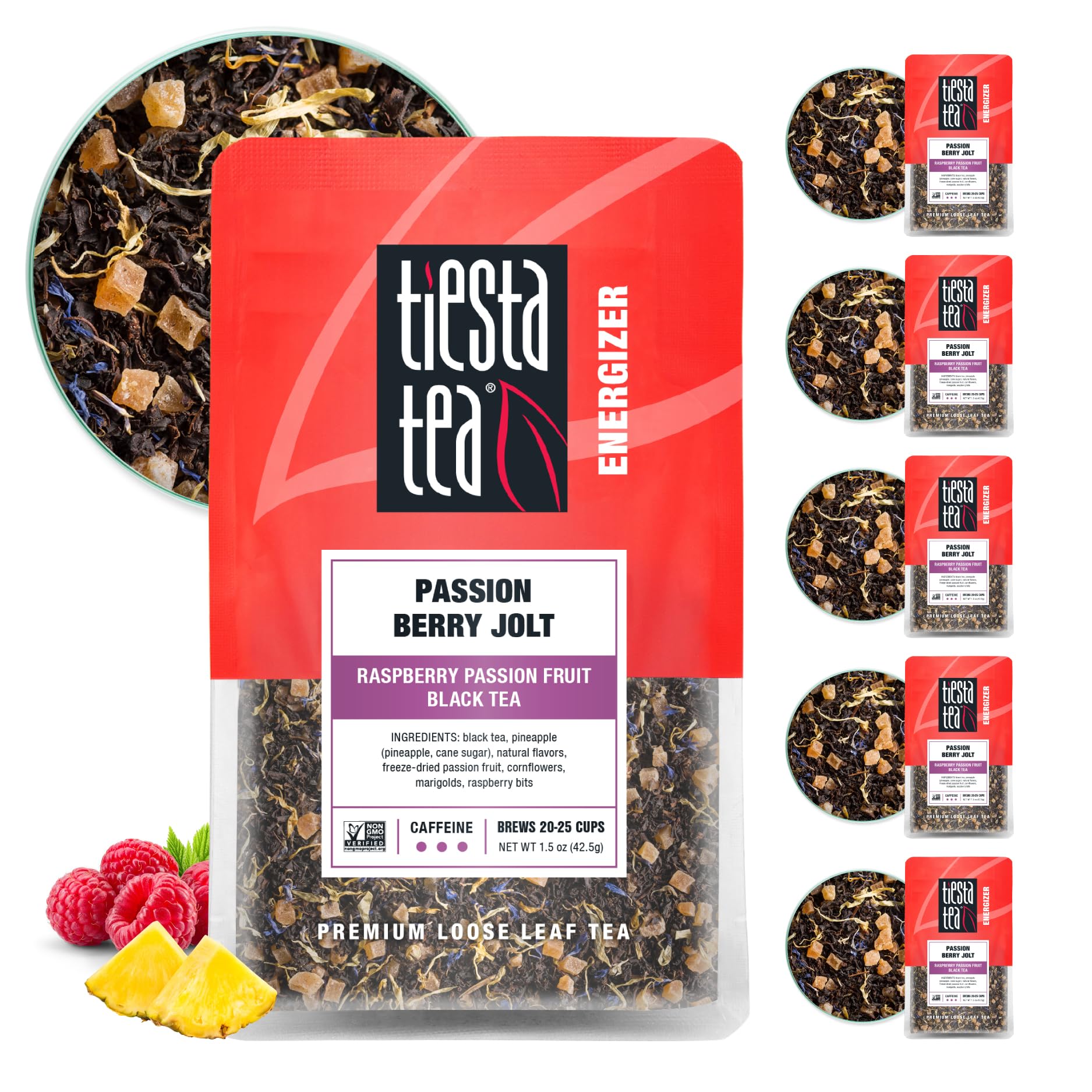 Tiesta Tea - Passion Berry Jolt, Raspberry Passion Fruit Black Tea, Premium Loose Leaf Tea Blend, Caffeinated Black Tea, Make Hot Or Iced Tea, Brews Up To 25 Cups - 1.5Oz Resealable Pouch (Pack Of 6)
