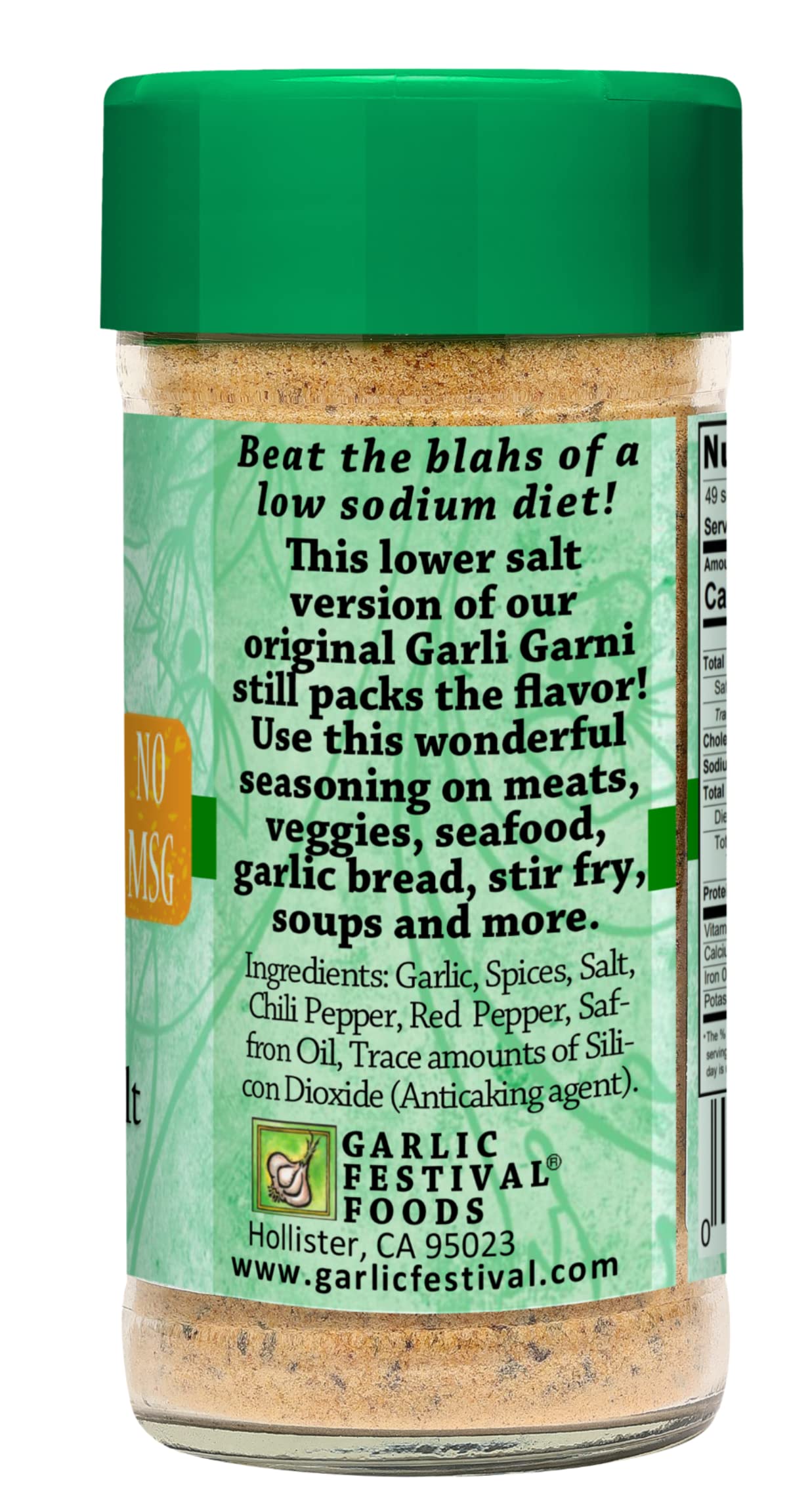 Garlic Festival Foods Low Sodium Garli Garni All Purpose Garlic Seasoning 2.6 Oz. Gluten Free, No Msg