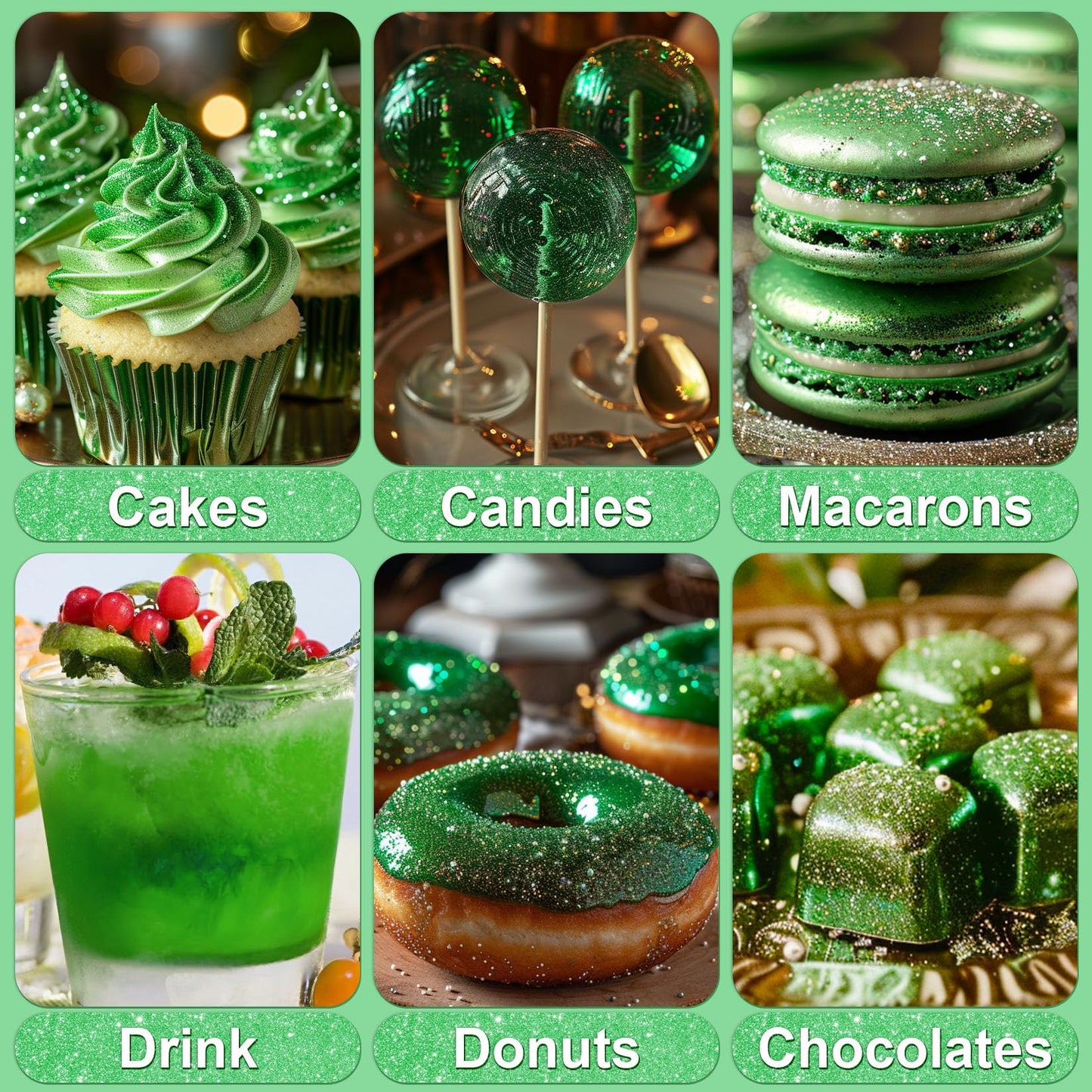 Green Edible Glitter - 5G Food Grade Cake Decorating Shimmering Glitter, Edible Sprinkle Luster Dust For Drinks, Chocolates, Fon